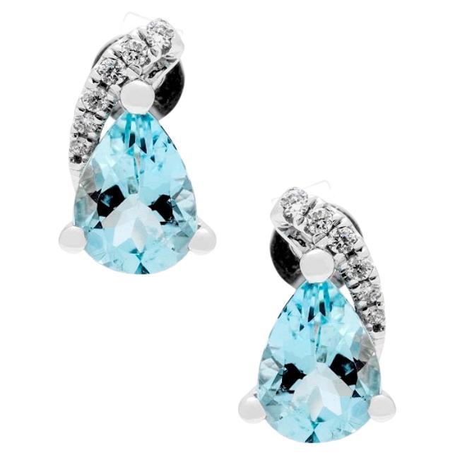 1.14 Carat Pear-Cut Aquamarine Diamond Accents 14K White Gold Earring For Sale