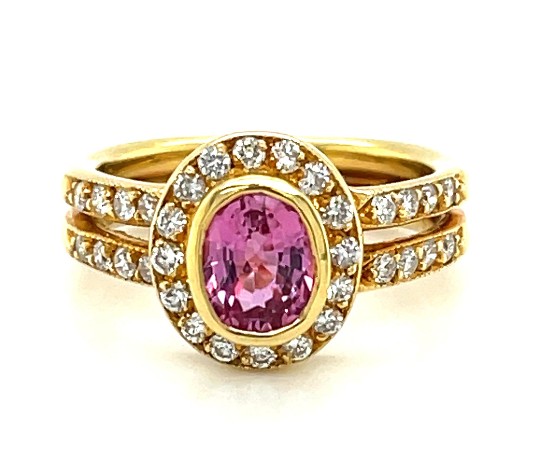 Women's 1.14 Carat Pink Sapphire and Diamond Halo Engagement Ring in 18k Gold For Sale