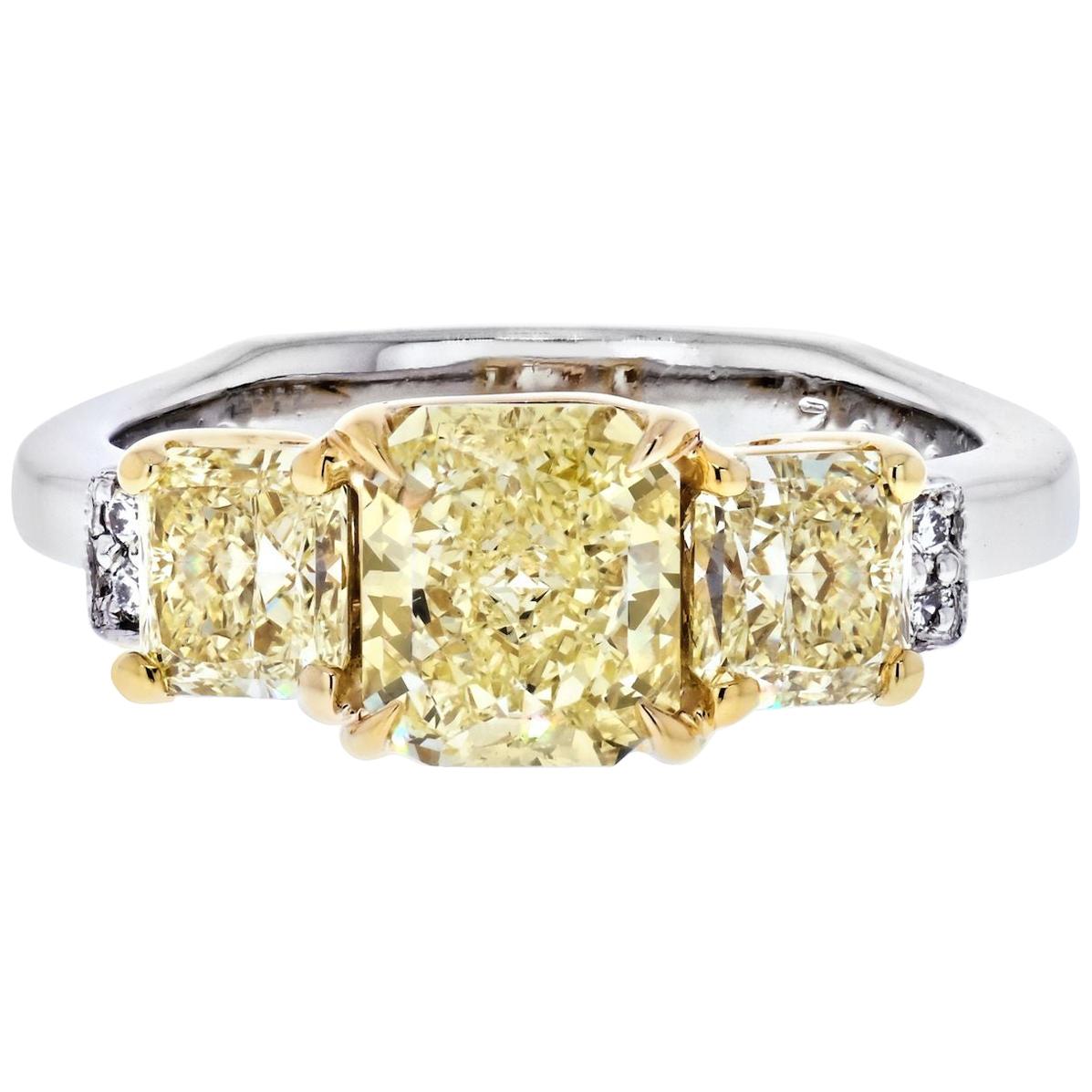 1.14 Carat Radiant Cut Fancy Yellow GIA Three Stone Diamond Engagement Ring