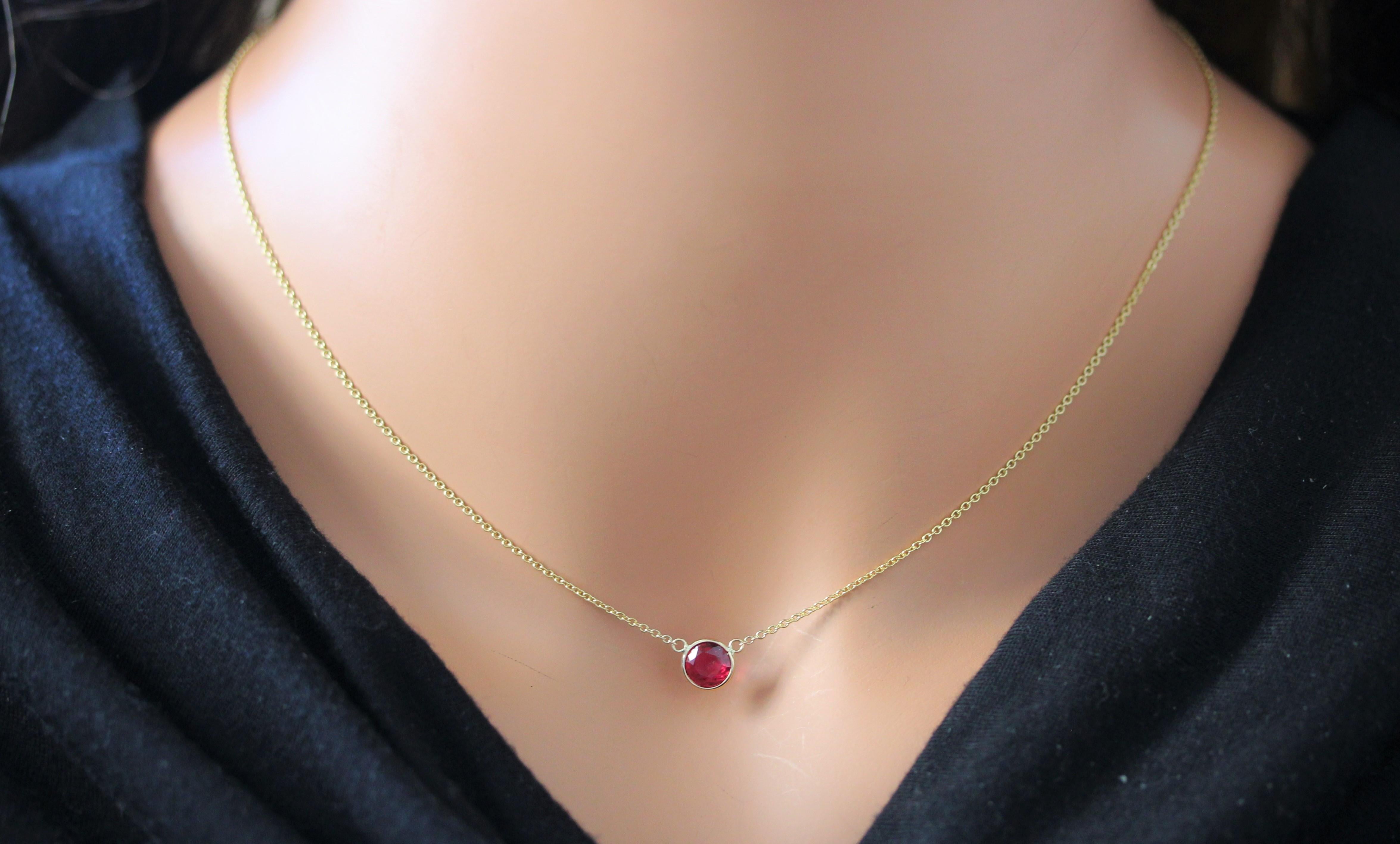 Round Cut 1.14 Carat Round Ruby Fashion Necklaces In 14k Yellow Gold For Sale