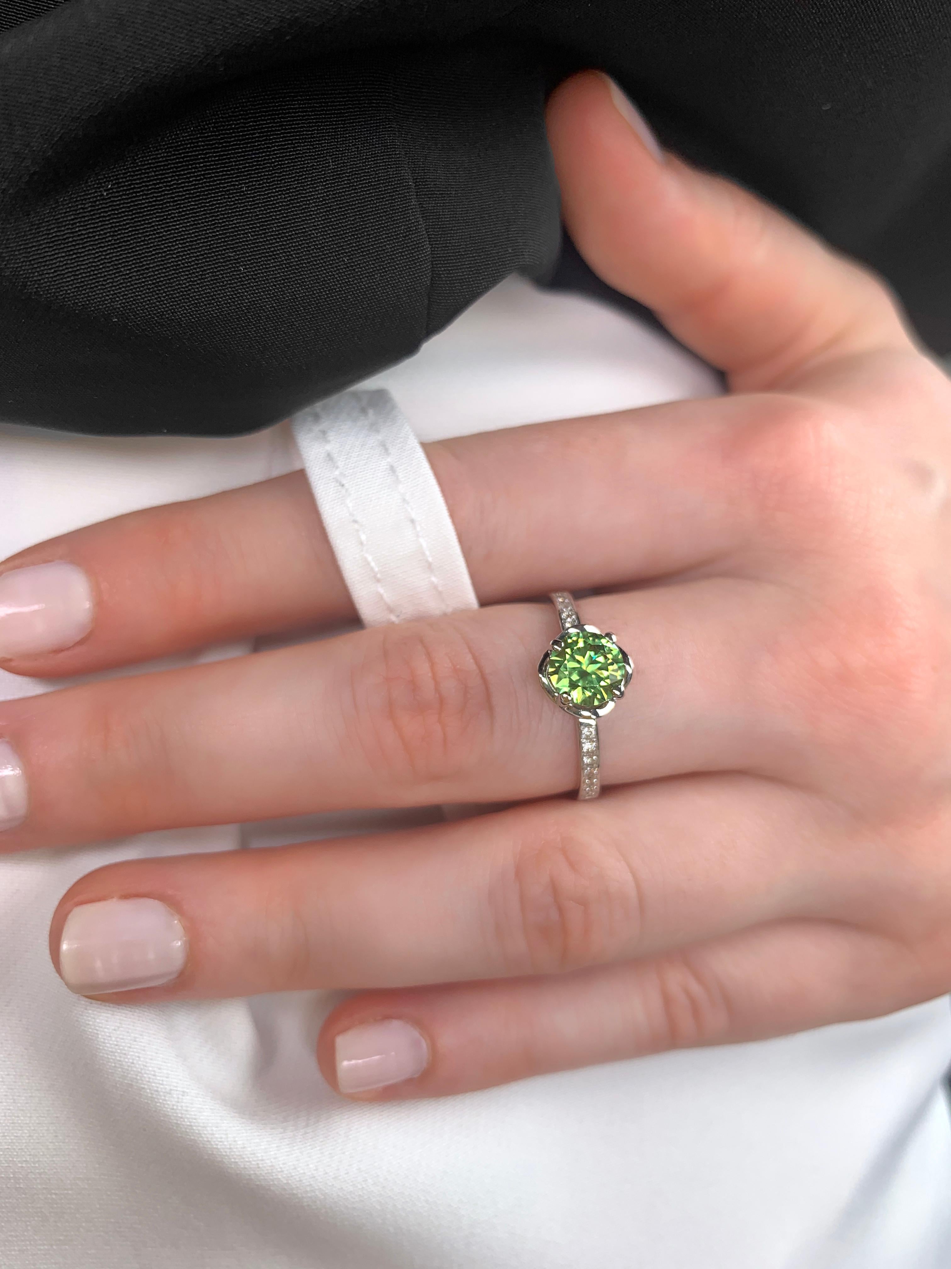 Round Cut 1.14 Carat Russian Demantoid 14 Karat White Gold Diamond Engagement Wedding Ring For Sale