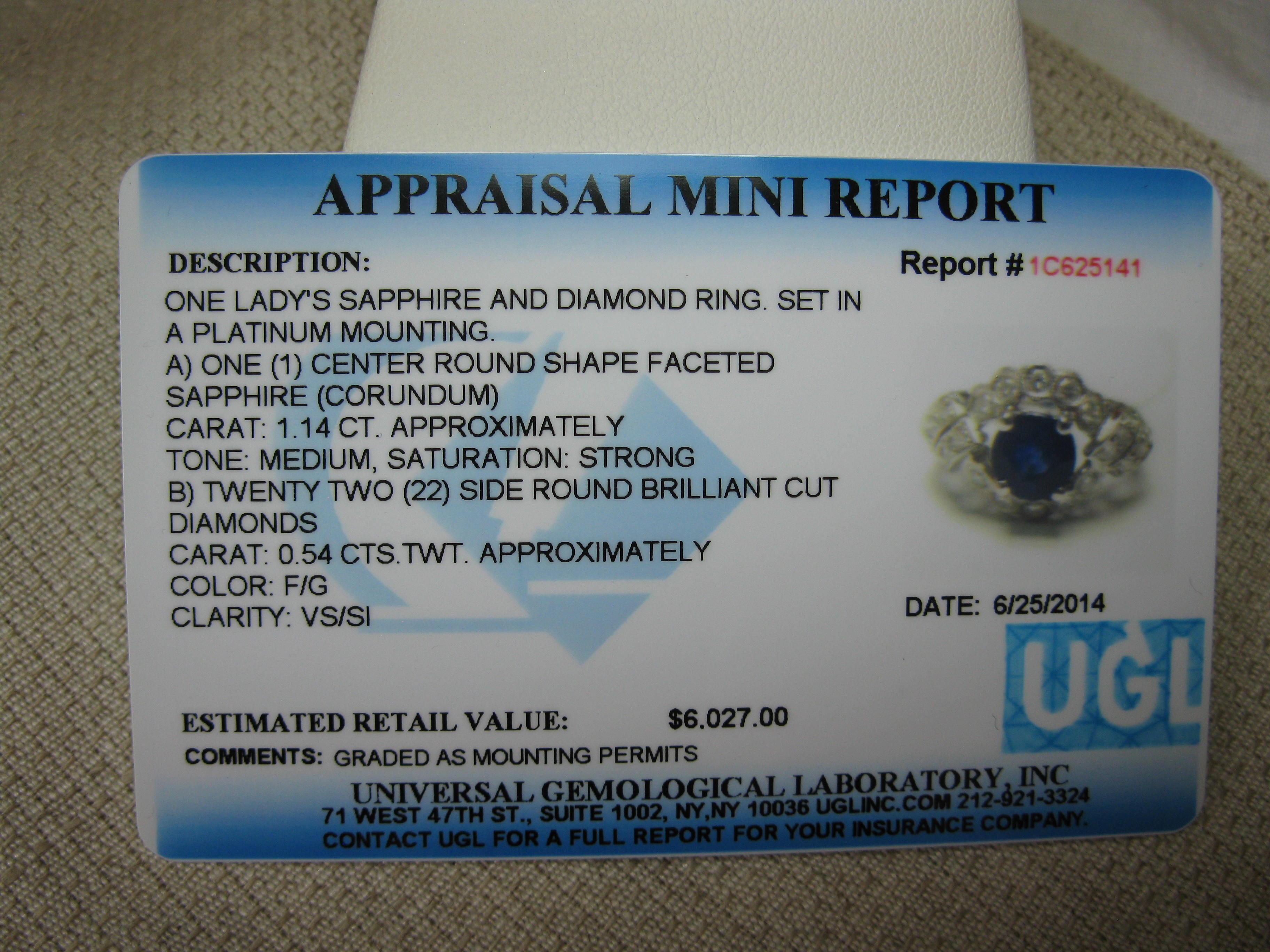 Round Cut 1.14 Carat Sapphire 22 Diamond Platinum Wedding Engagement Ring UGL Certified For Sale