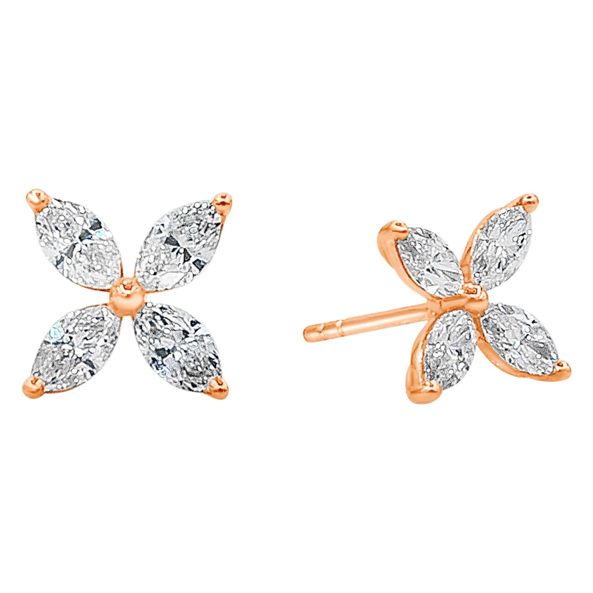 A charming pair of stud earrings showcasing 4 marquis cut diamonds on each earrings set and style in a flower motif design. Diamonds weigh 1.52 carats total F Color and VS in Clarity. Made in 18K Rose Gold. 

Style available in different price