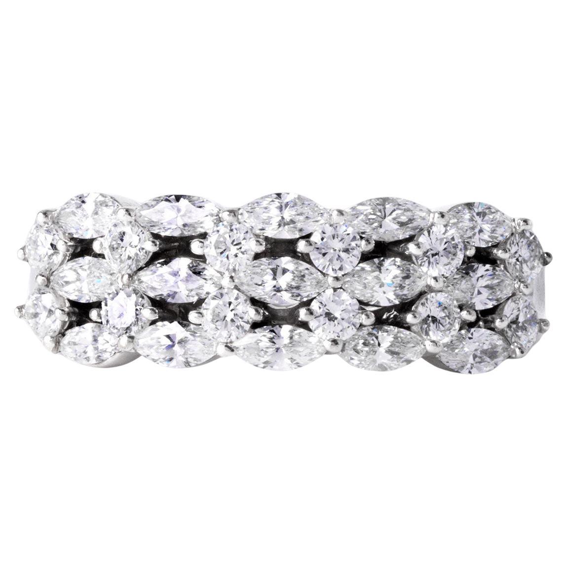 1.14 Carats 3 Row Marquise and Round Brilliant Diamond Ring Band 14K White Gold
