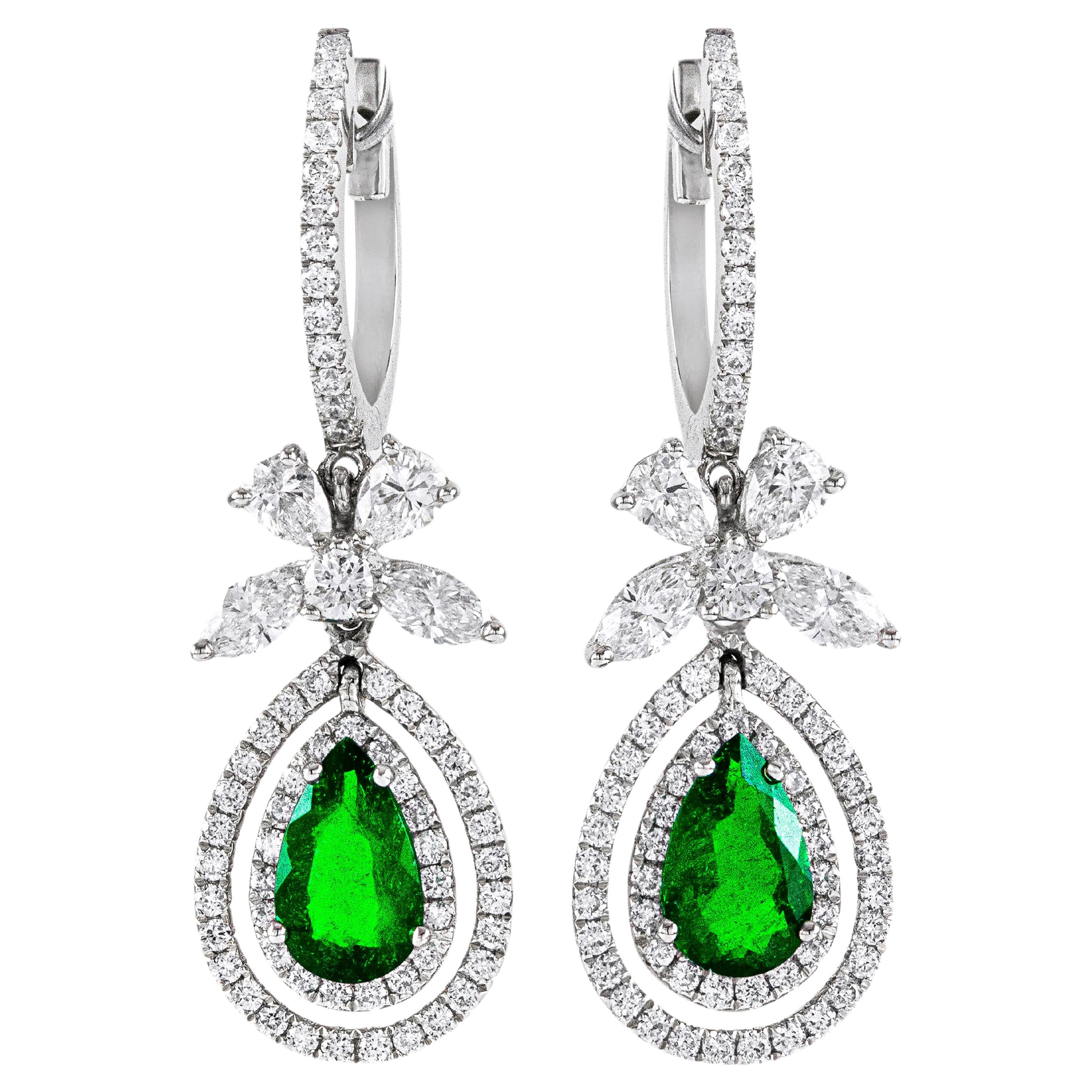 1.14 Carats Total Pear Shape Green Emerald with Diamond Dangle Earrings