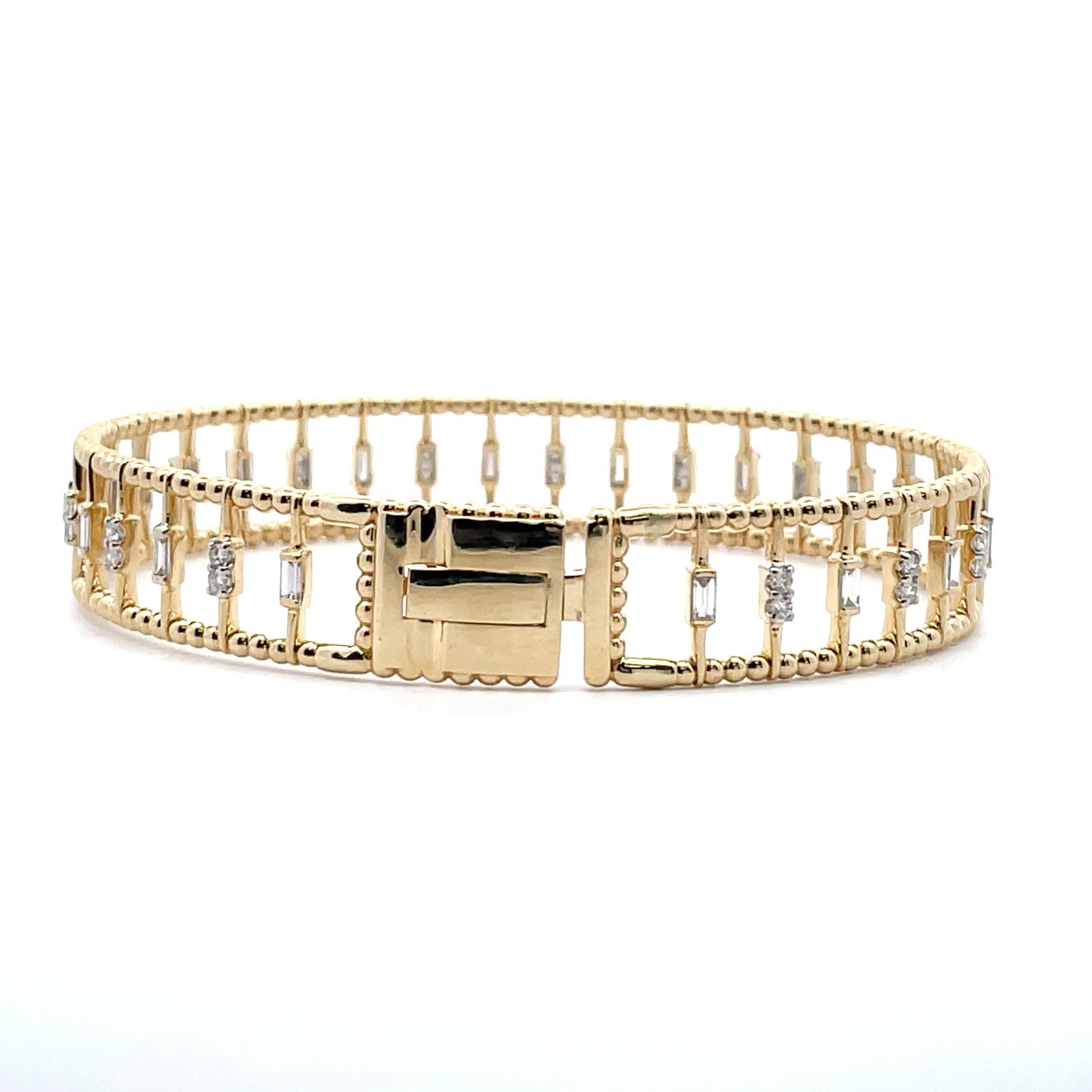 Art Deco 1.14 Carat Baguette & Round Diamond Gold Beaded Cage Bangle in 14k Solid Gold