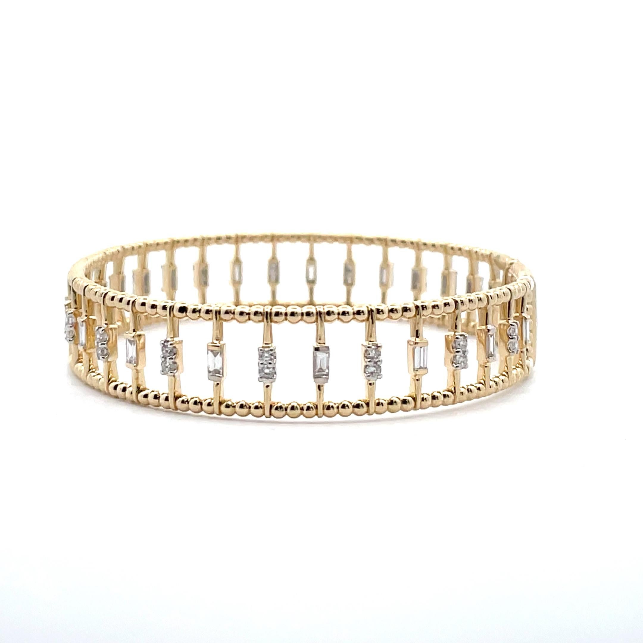 Baguette Cut 1.14 Carat Baguette & Round Diamond Gold Beaded Cage Bangle in 14k Solid Gold