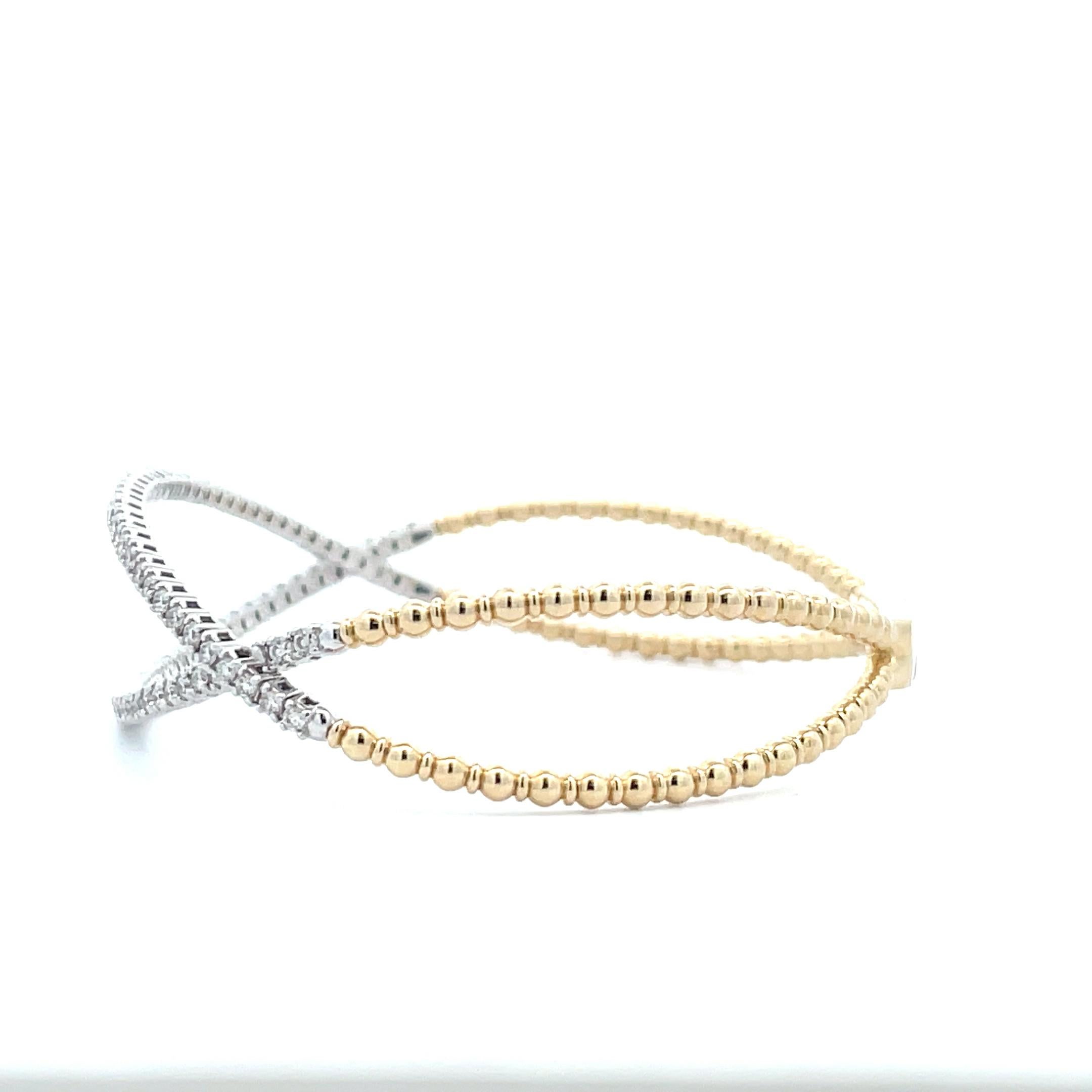 Art Deco 1.14 Carat Diamond Infinity Criss-Cross Gold Bead Bangle in 14k Solid Gold