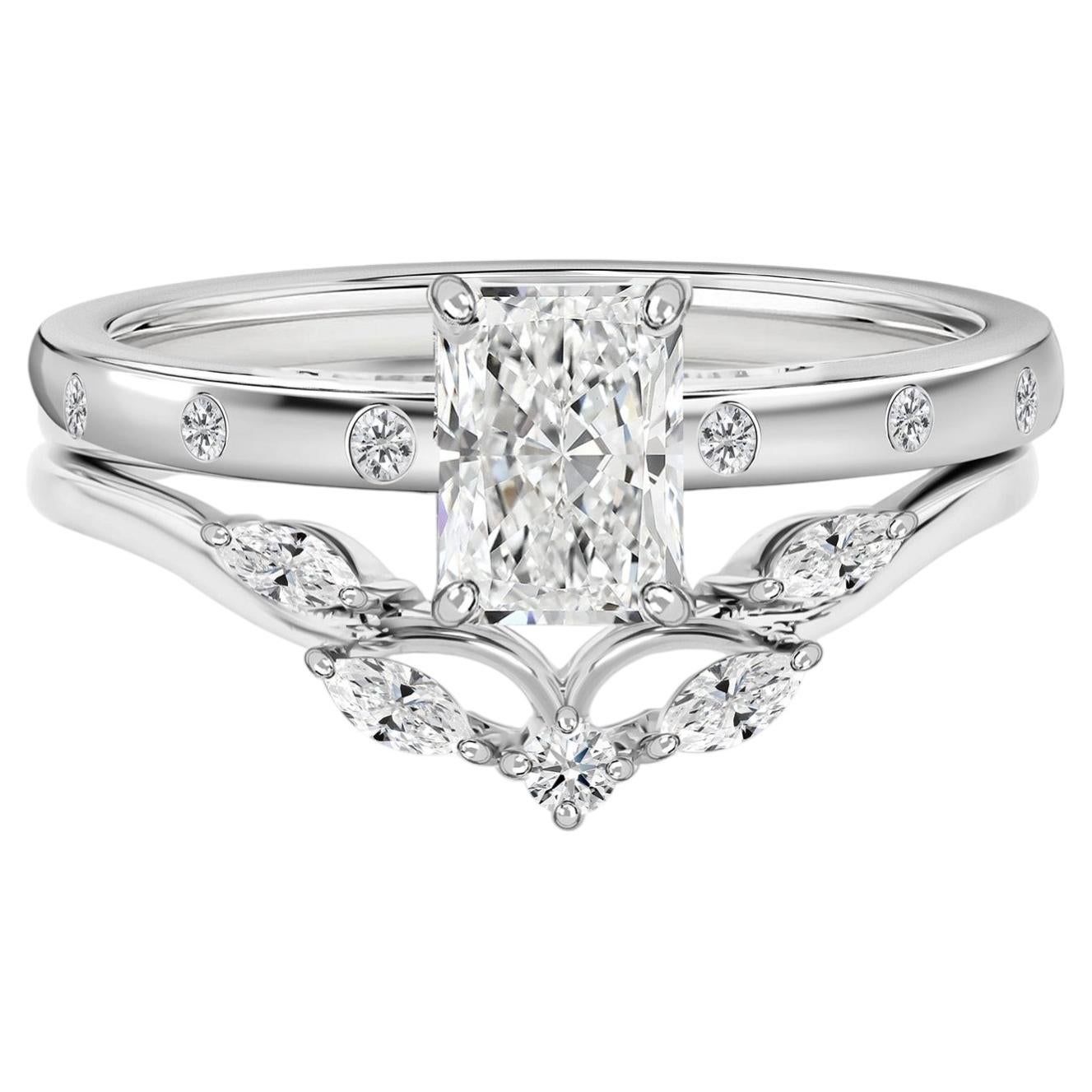 1.14 Ct Natural Radiant Cut Diamond Bridal Ring Set 18K White Gold