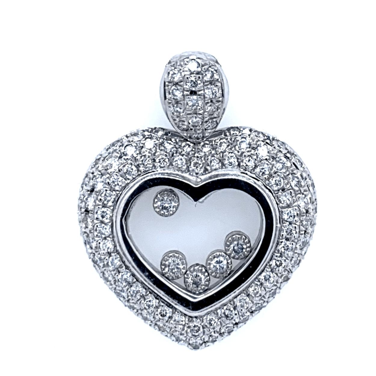 14K Gold Pave Set Diamond Heart Shape Pendant  with 5 diamonds under the glass. 
Total Diamond Weight: 1.14 Ct
Total Necklace Weight: 8.4 gr 14K White Gold
Pendant Size 29x24 mm 
Chain Not included