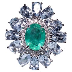 1.14 Ct Vivid Green Emerald, Aquamarine and Diamond Ring in 18k White Gold