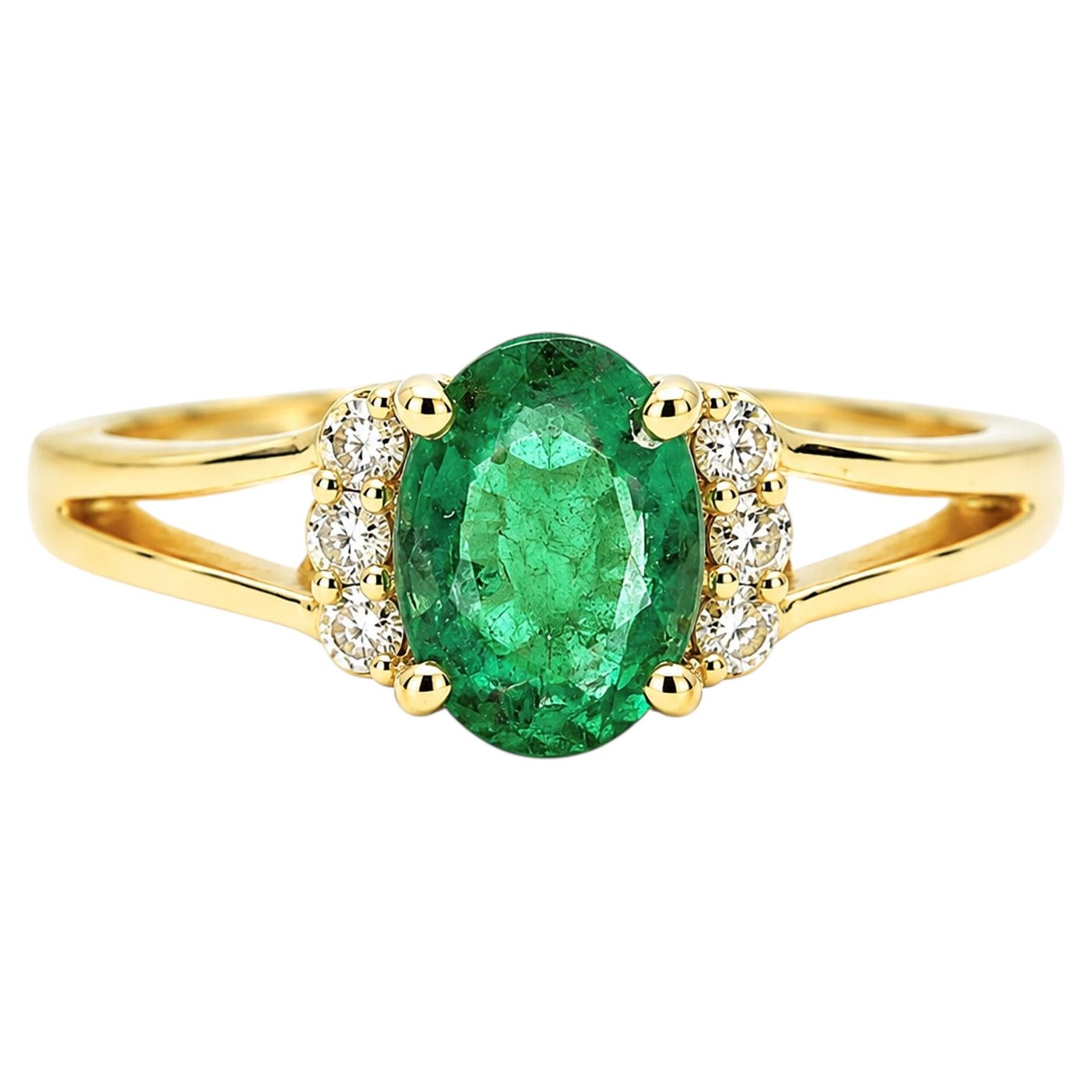 1.14 Ct Zambian Emerald Diamond Solitaire Band 14k Gold Emerald Solitaire Rings For Sale