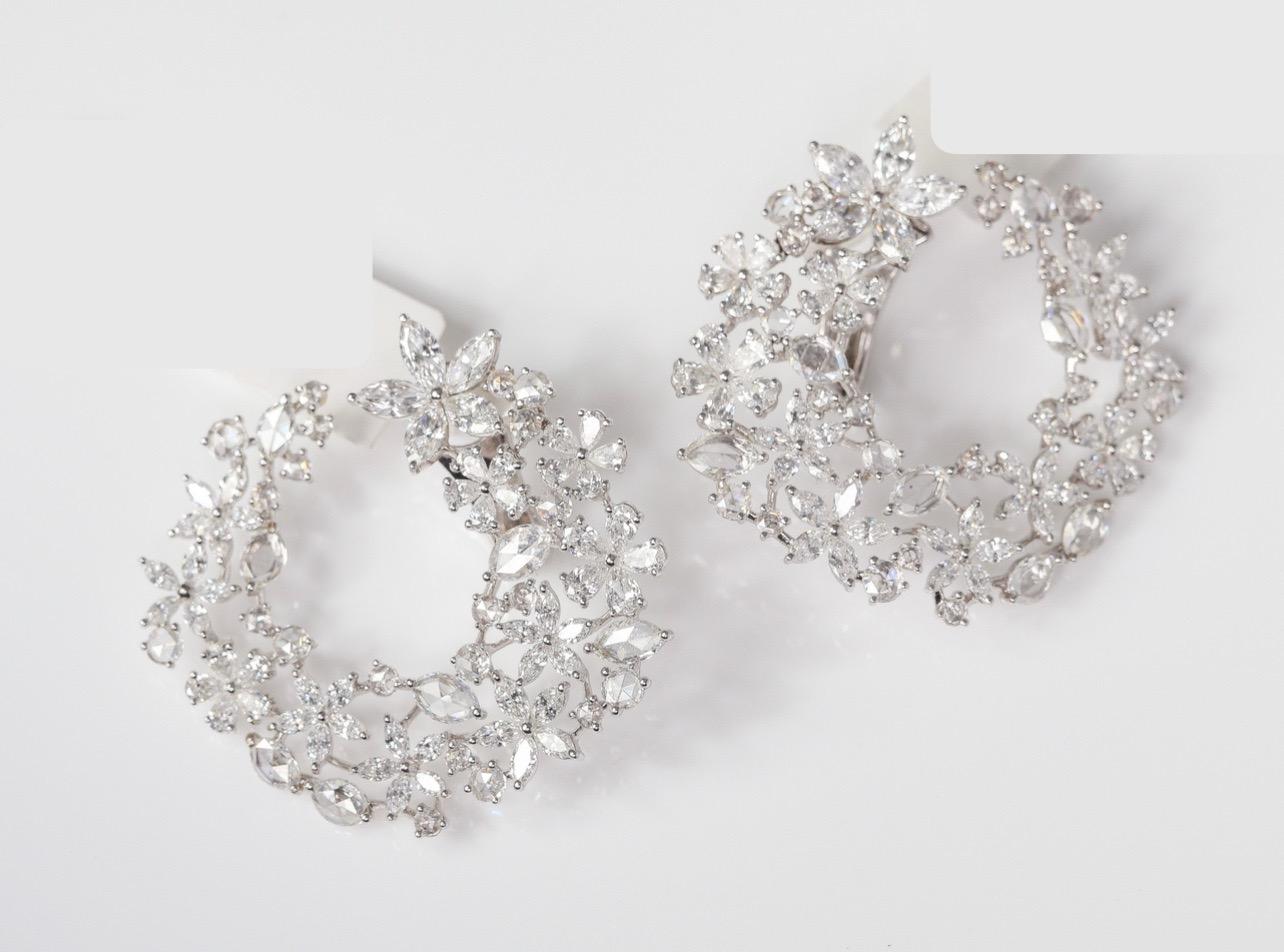 Marquise Cut 11.40 Carat Natural Diamond Flower Cluster Stud Earrings In 18 Karat White Gold. For Sale