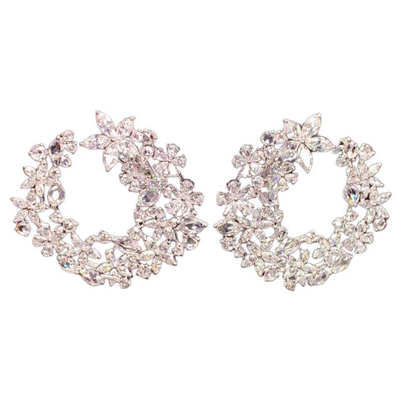 11.40 Carat Natural Diamond Flower Cluster Stud Earrings In 18 Karat White Gold. For Sale