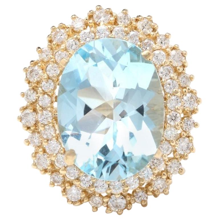 11.40 Carat Exquisite Natural Aquamarine and Diamond 14K Solid Yellow Gold Ring For Sale