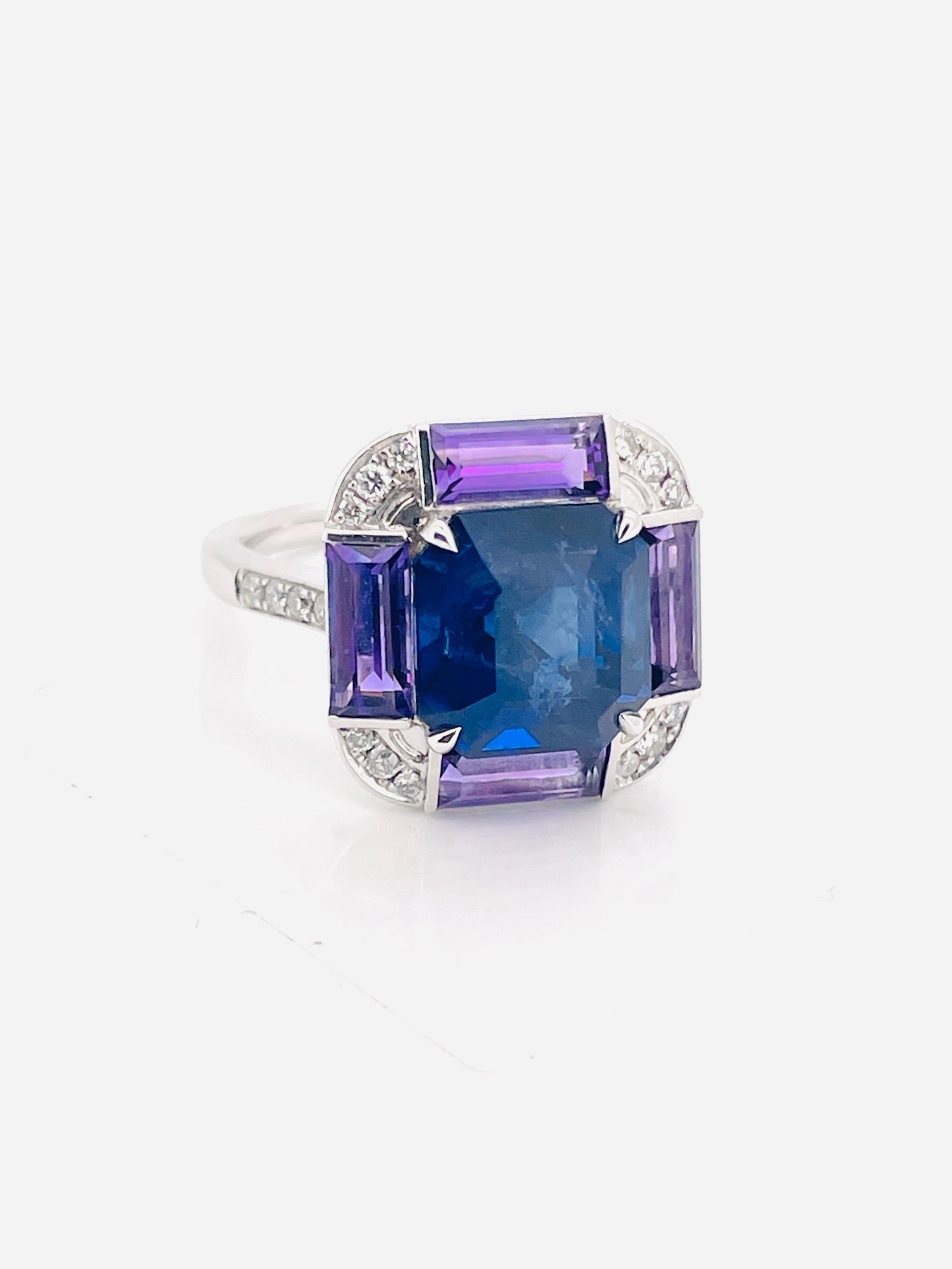 11,40 Gramm natürlicher Saphir Ring PT Gold mit natürlichem Amethyst und Diamant im Angebot 5