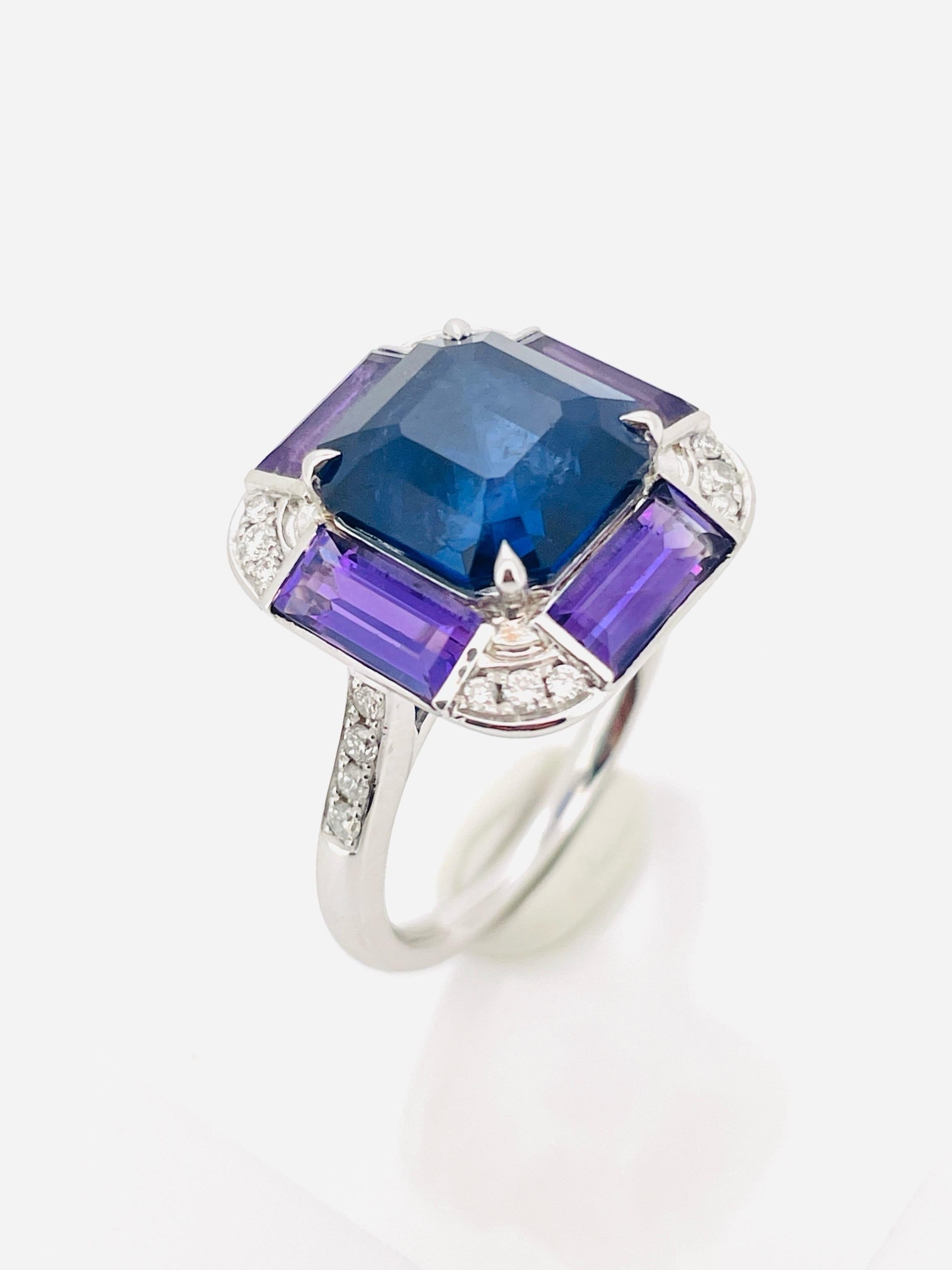 11,40 Gramm natürlicher Saphir Ring PT Gold mit natürlichem Amethyst und Diamant im Angebot 7
