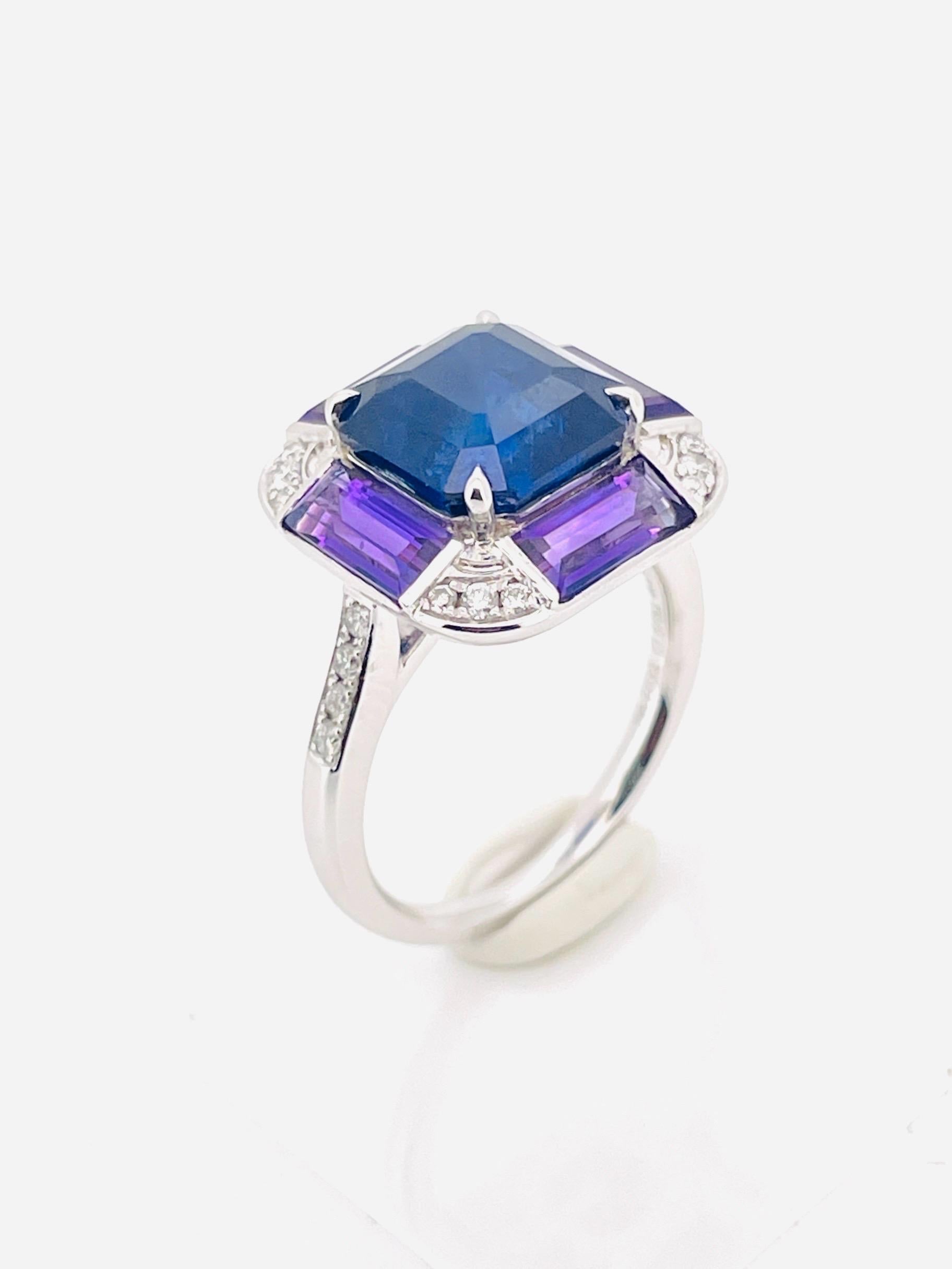 11,40 Gramm natürlicher Saphir Ring PT Gold mit natürlichem Amethyst und Diamant Damen im Angebot