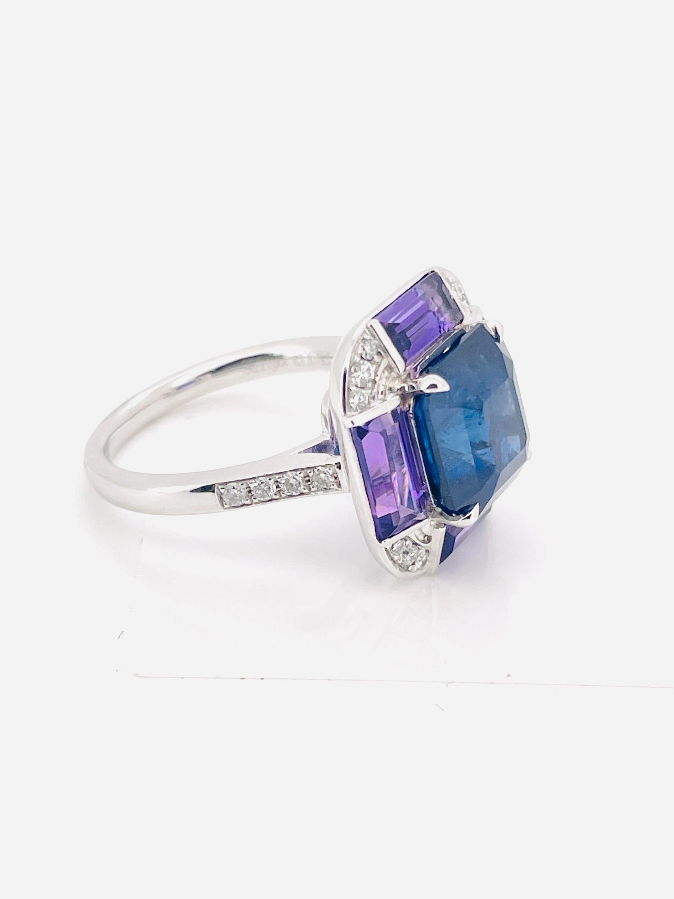 11,40 Gramm natürlicher Saphir Ring PT Gold mit natürlichem Amethyst und Diamant im Angebot 1