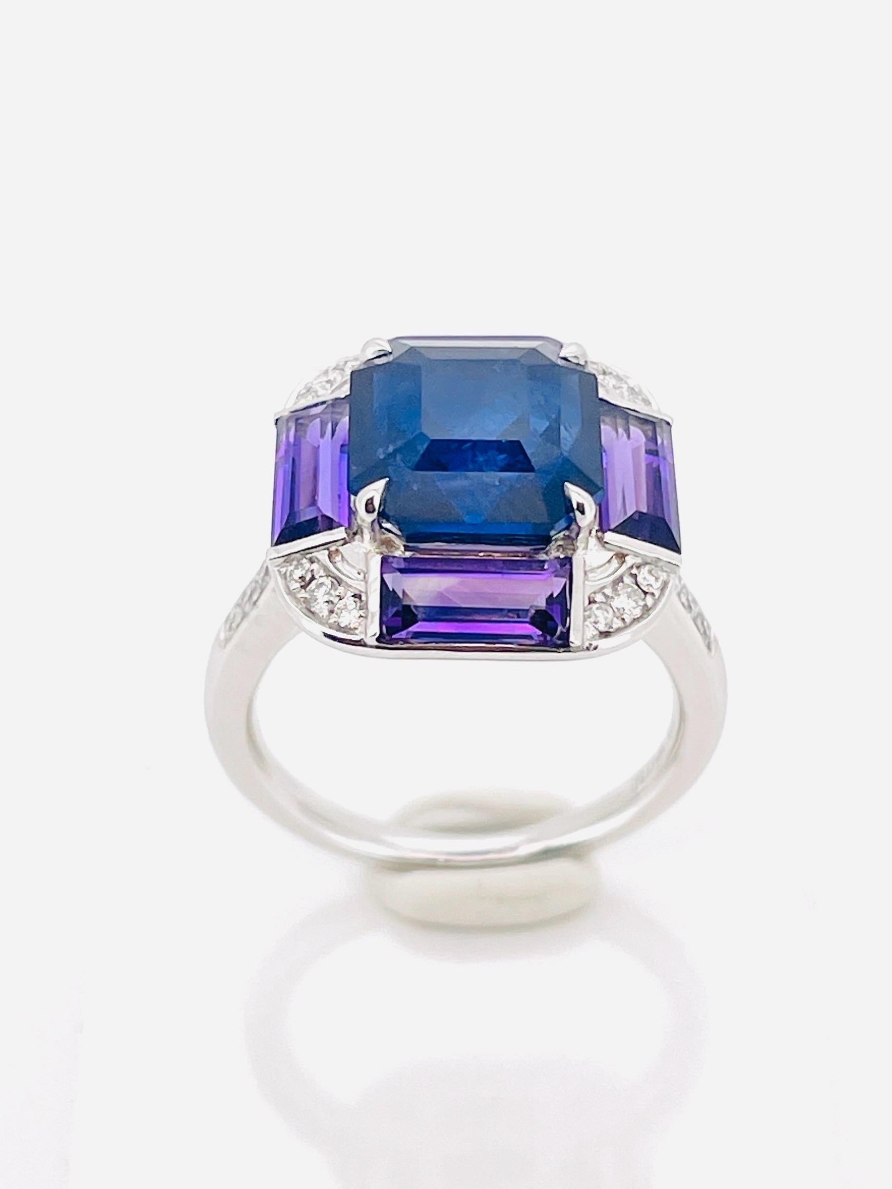 11,40 Gramm natürlicher Saphir Ring PT Gold mit natürlichem Amethyst und Diamant im Angebot 2