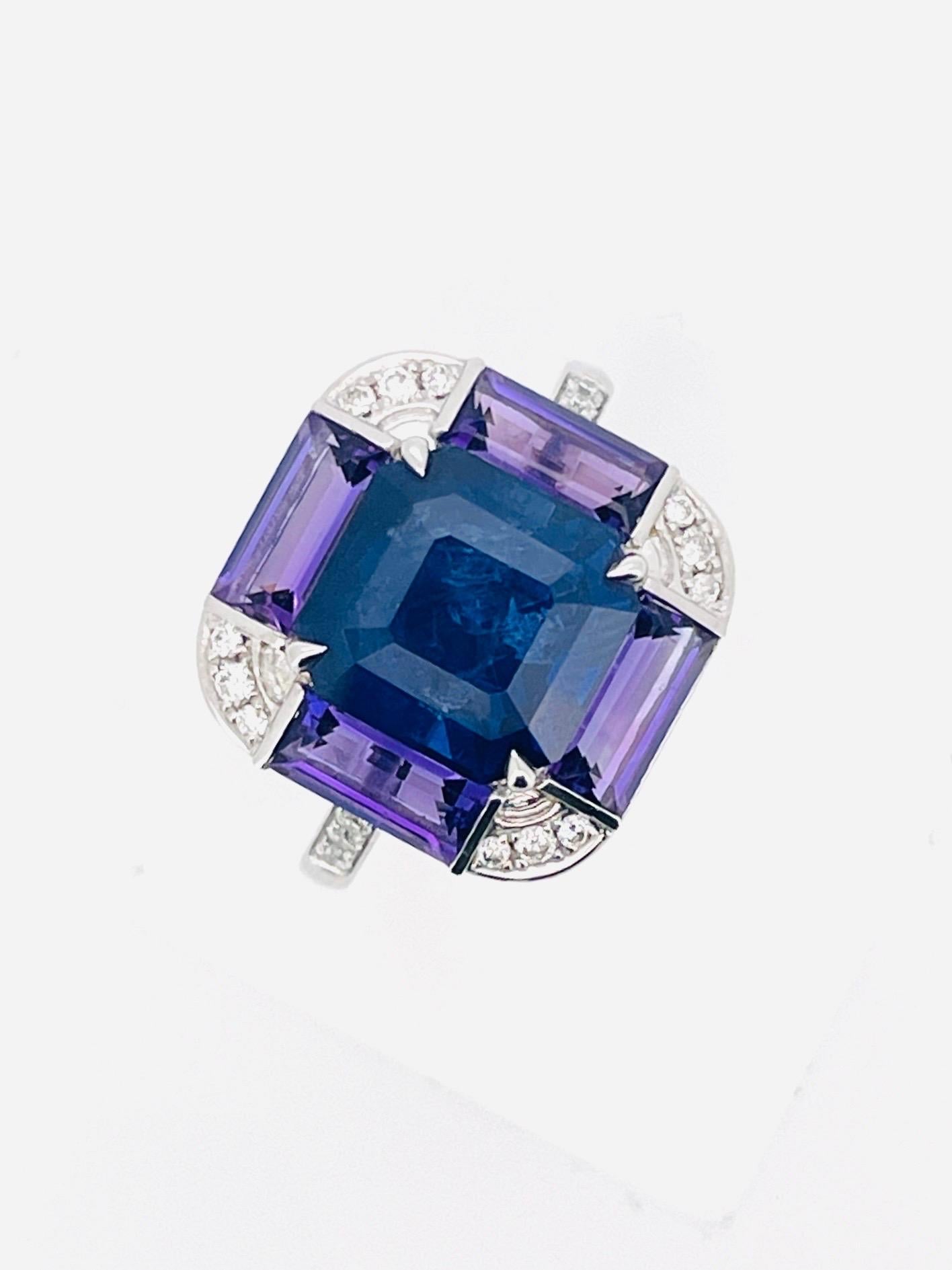 11,40 Gramm natürlicher Saphir Ring PT Gold mit natürlichem Amethyst und Diamant im Angebot 4