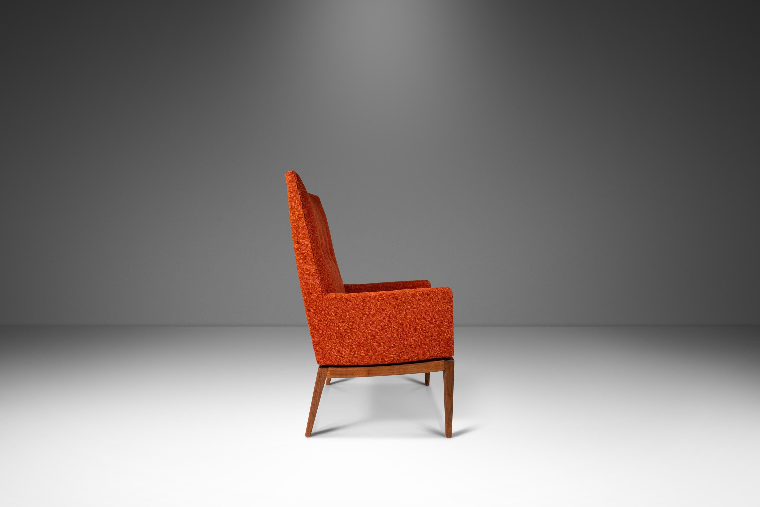 Fabric 1140 High-Back Lounge Chair in Walnut and New Upholstery by Jens Risom, c. 1960s