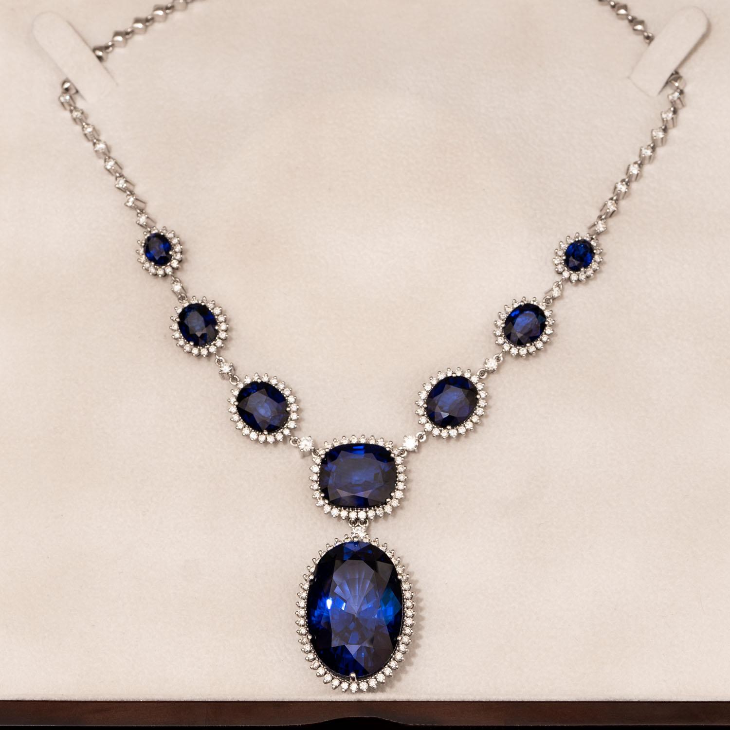 * Custom Order - Process time for this item is 30 business days.
Stunning Sapphire diamond statement necklace. The royal blue color and extraordinary design make it the ultimate eye-catcher. This gorgeous collier includes 71.00 carat lab corundum