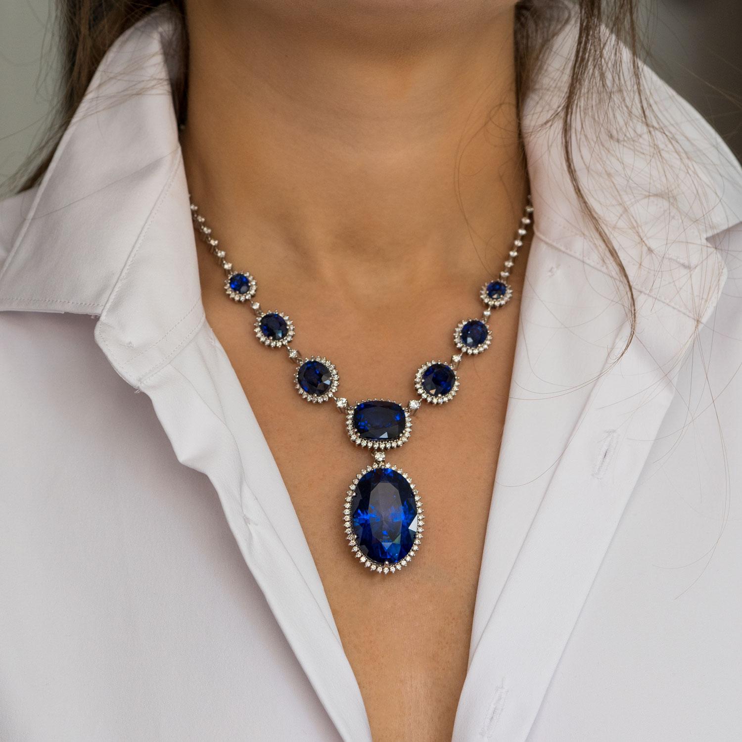 Women's 71.00 Carat Sapphire, 10.00 Carat Natural Diamonds, Statement Necklace For Sale