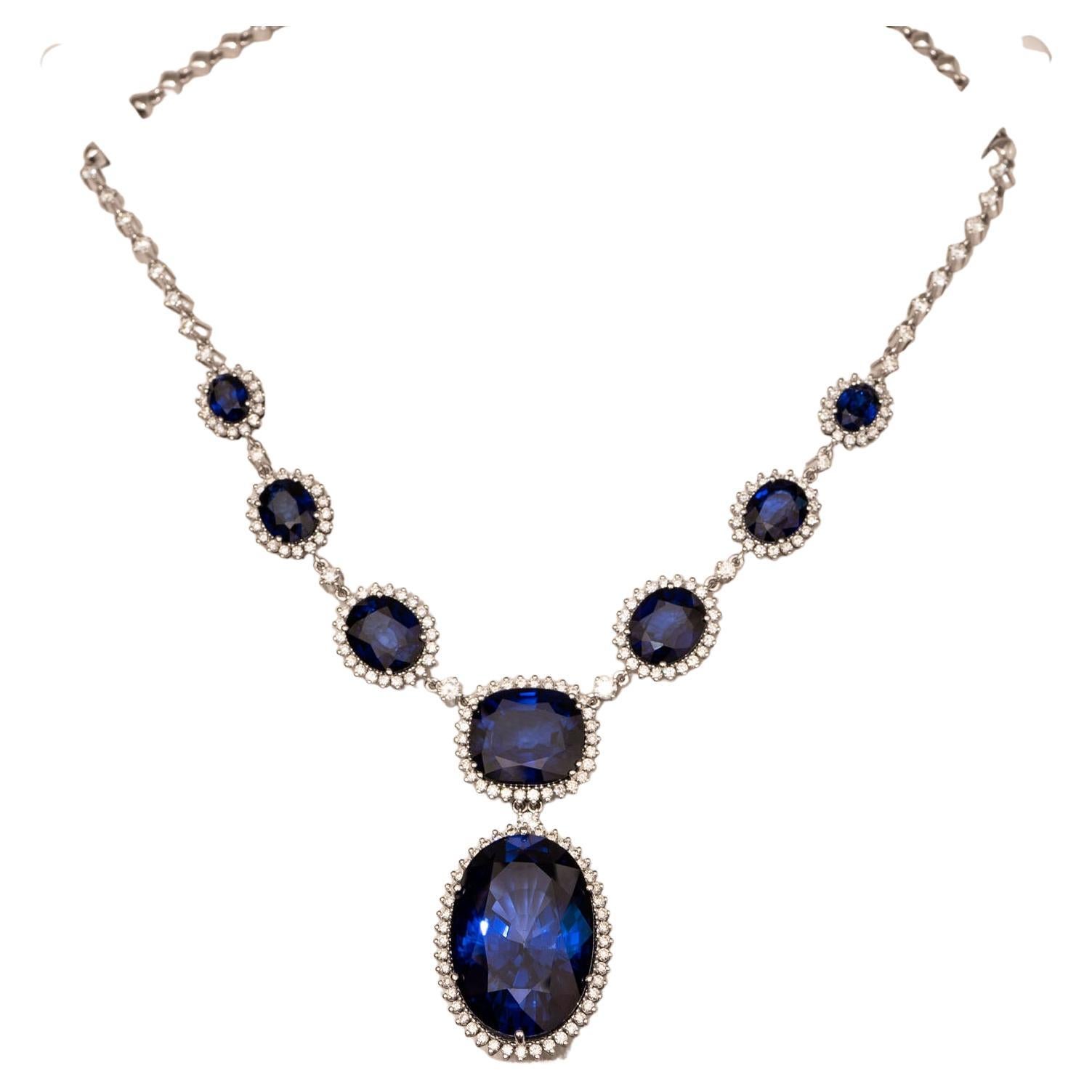 71.00 Carat Sapphire, 10.00 Carat Natural Diamonds, Statement Necklace