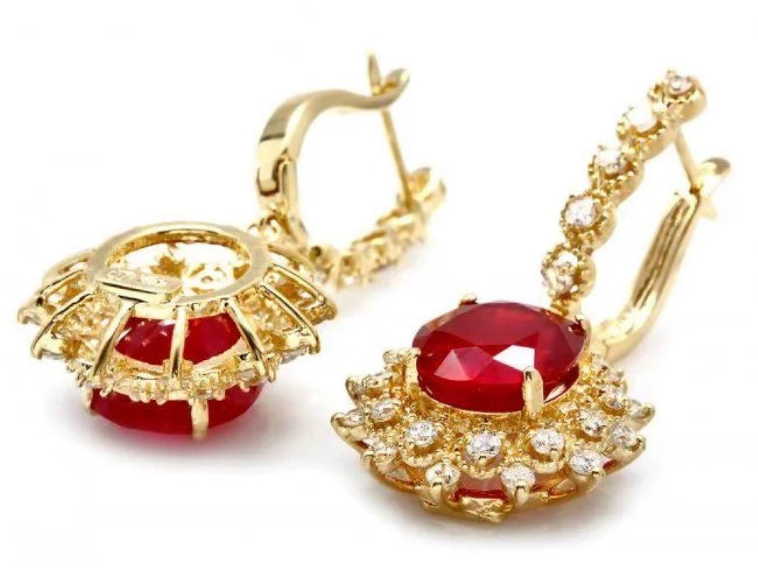 Mixed Cut 11.40Ct Natural Ruby and Diamond 14K Solid Yellow Gold Earrings For Sale