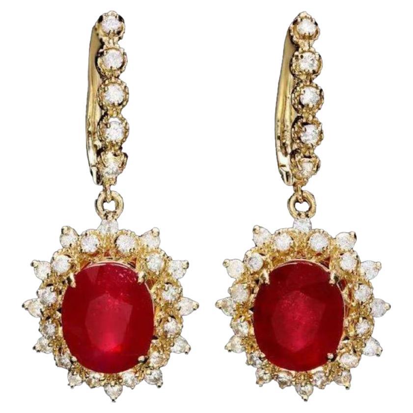 Boucles d'oreilles en or jaune massif 14 carats avec rubis naturel de 11,40 carats et diamants