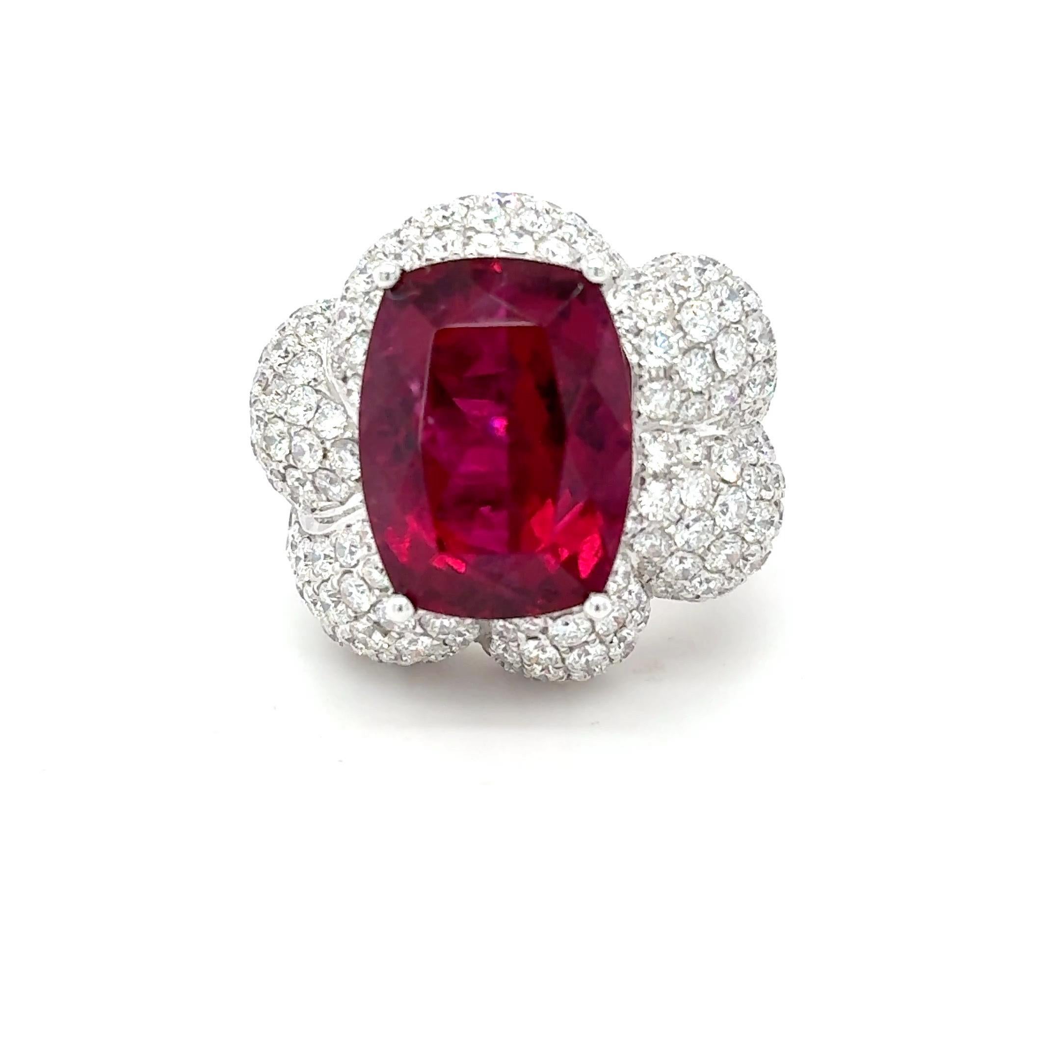 Bague cocktail 11,41 carats Rubellite Tourmaline Diamant taille coussin en vente 13
