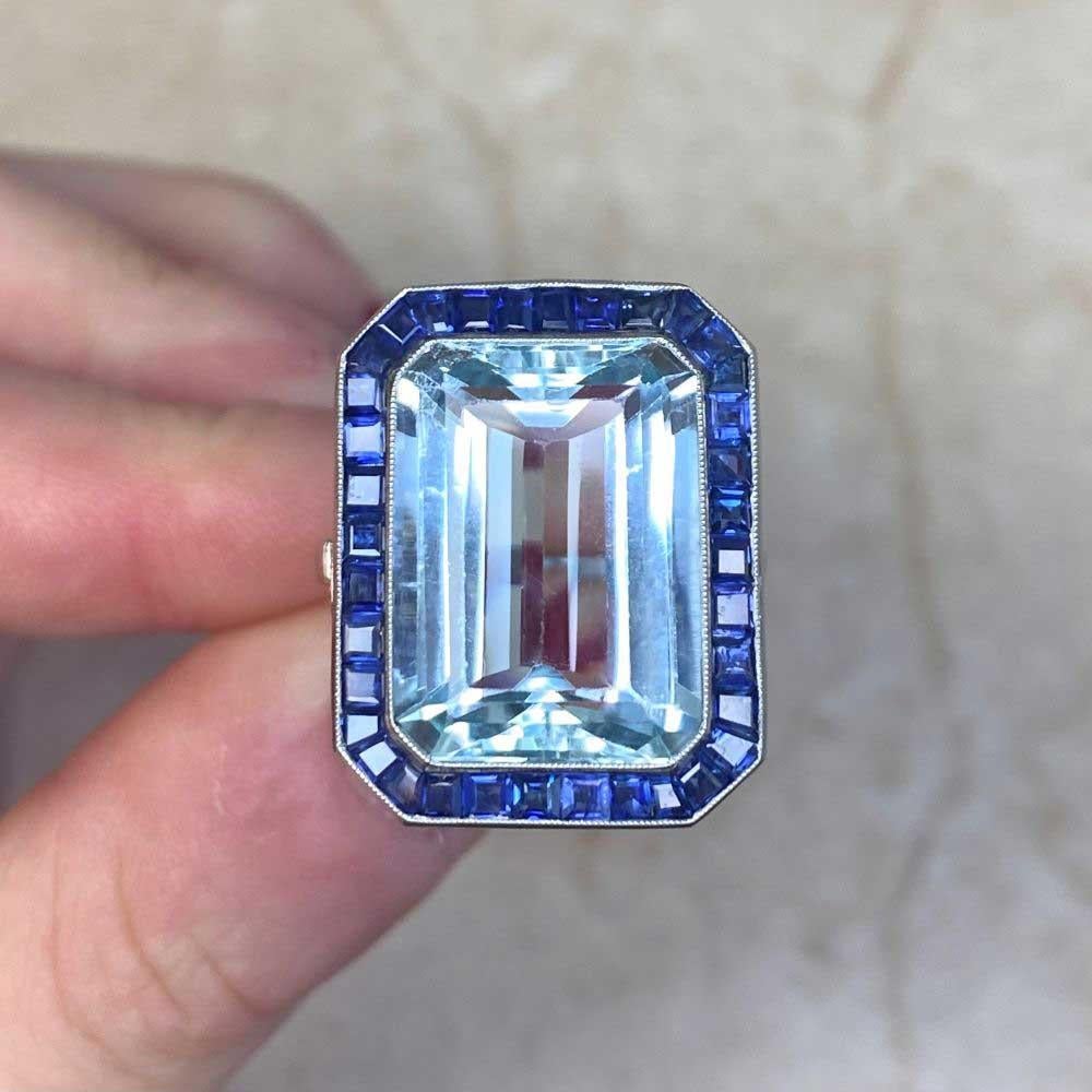 11.41 Karat Aquamarin-Cocktailring mit Smaragdschliff, Saphir-Halo, Platin 7