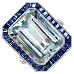 11.41ct Emerald Cut Aquamarine Cocktail Ring, Sapphire Halo, Platinum