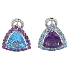 Boucles d'oreilles en or blanc 18 carats avec topaze bleue et améthyste de 11,42 carats