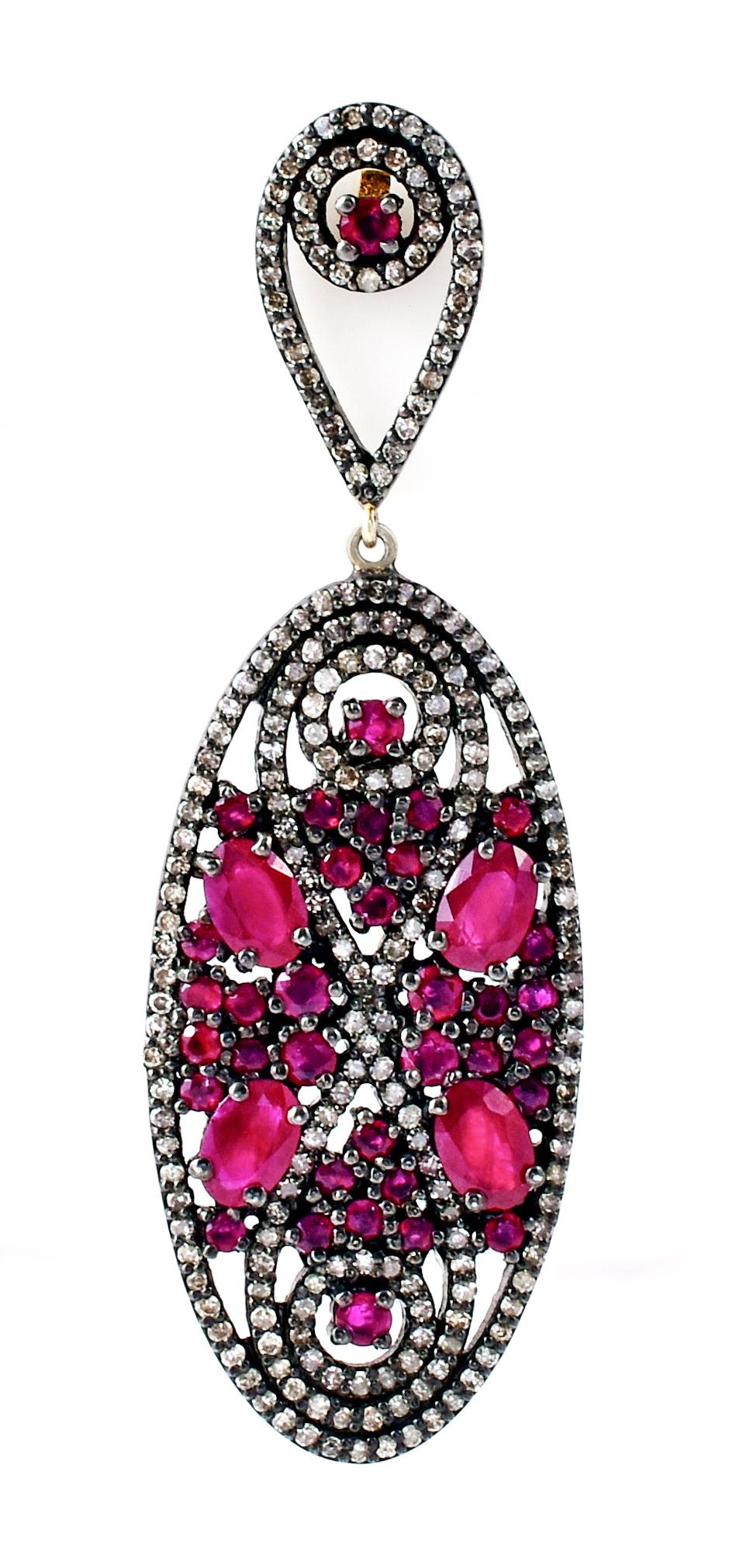 Oval Cut 11.42 Carat Diamond and Ruby Drop Earrings in Victorian Style For Sale