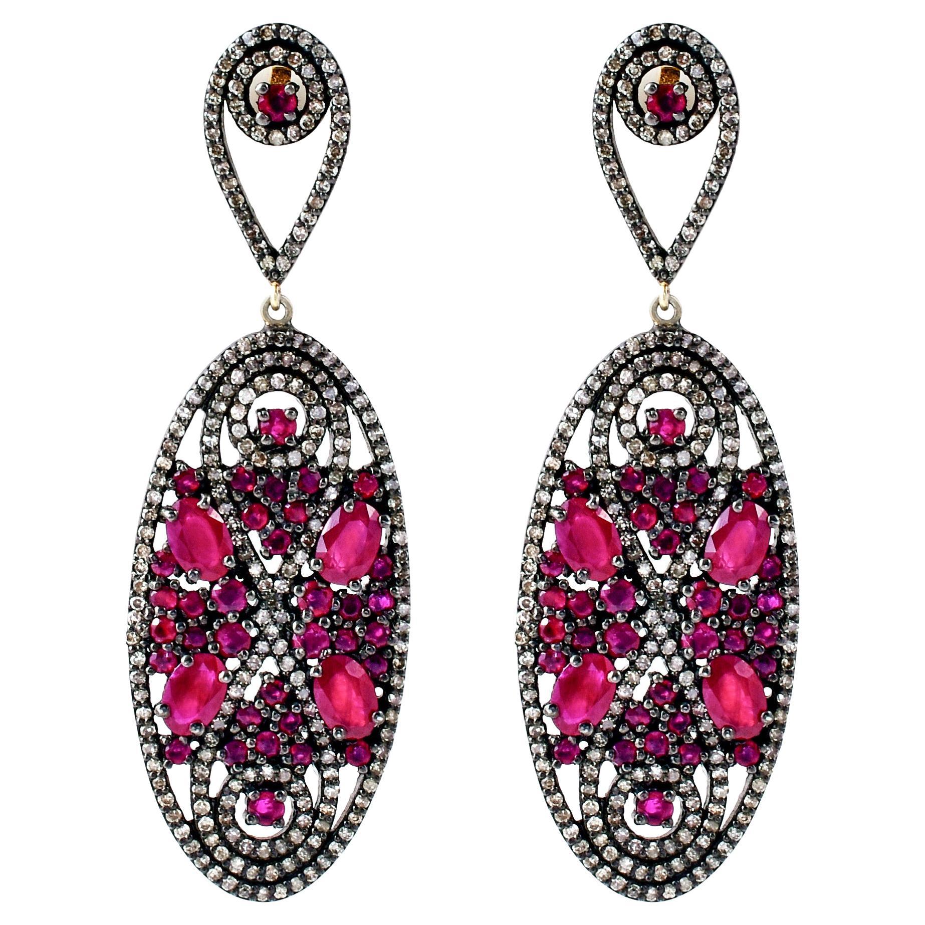 11.42 Carat Diamond and Ruby Drop Earrings in Victorian Style For Sale