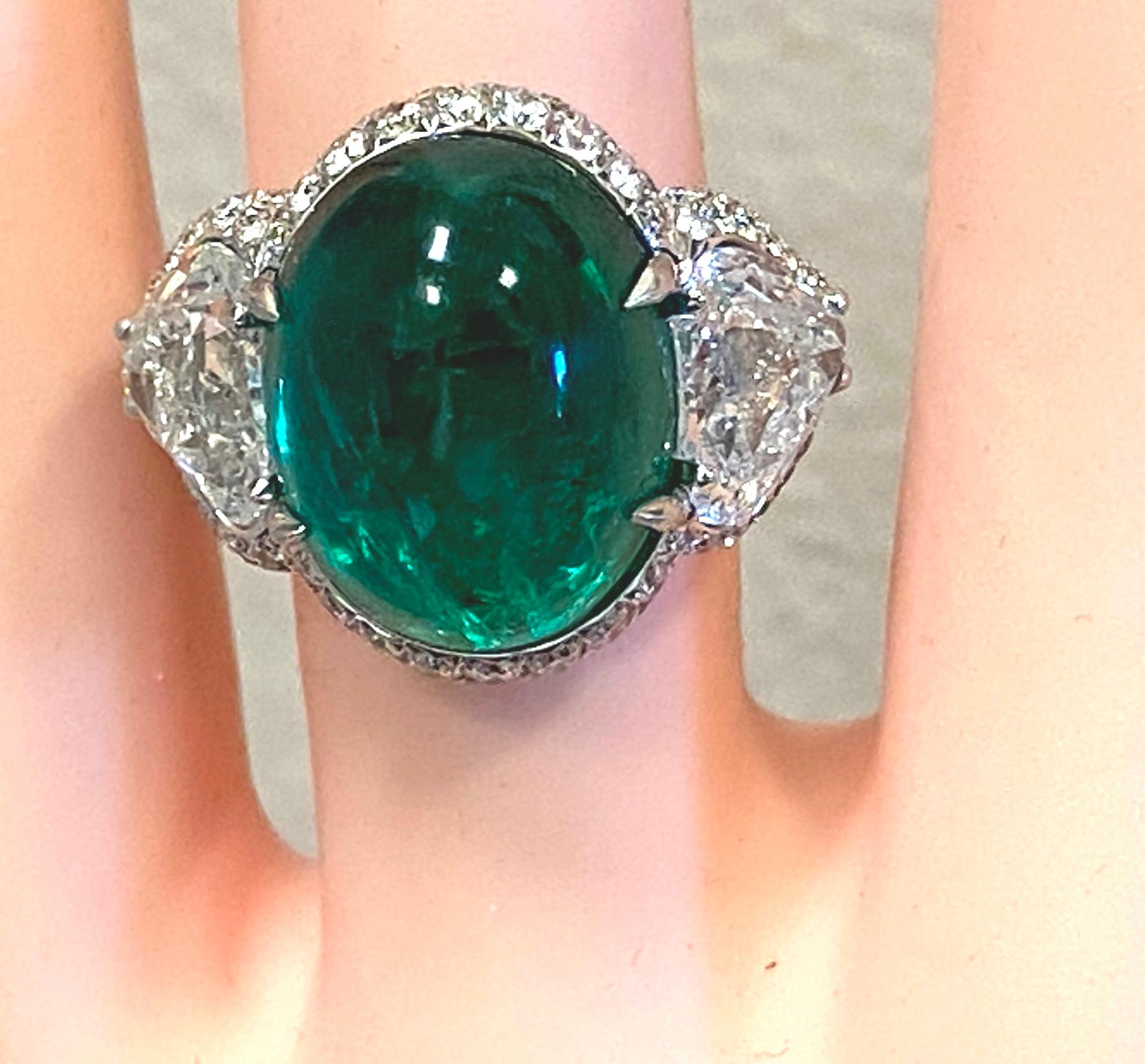 11.43 Carat Cabochon Emerald and Diamond Ring For Sale 1
