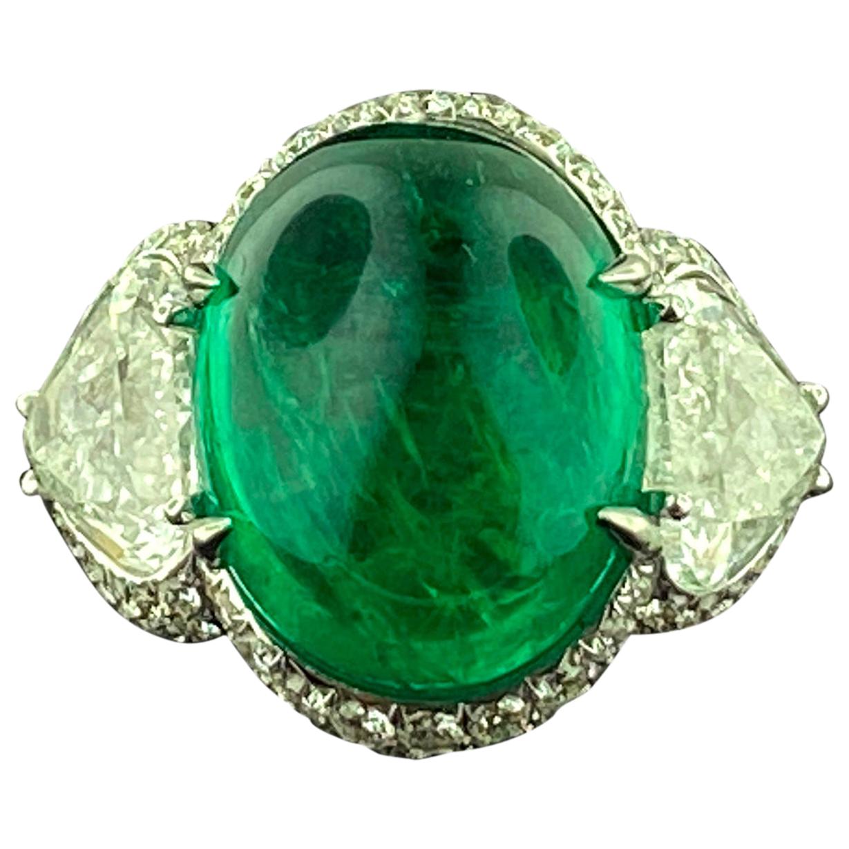 11.43 Carat Cabochon Emerald and Diamond Ring For Sale