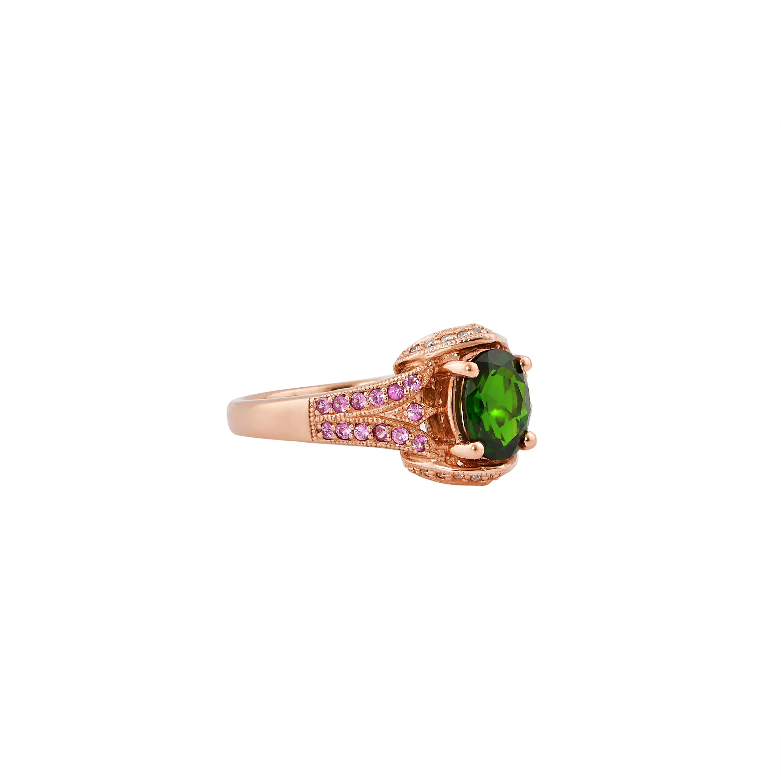 Unique and Designer Cocktail Rings by Sunita Nahata Fine Design.

Classic Chrome Diopside ring in 10K Rose gold with Sapphire & Diamond. 

Chrome Diopside: 1.143 carat, 8X6mm size, oval shape.
Pink Sapphire: 0.314 carat, 1.25mm size, round