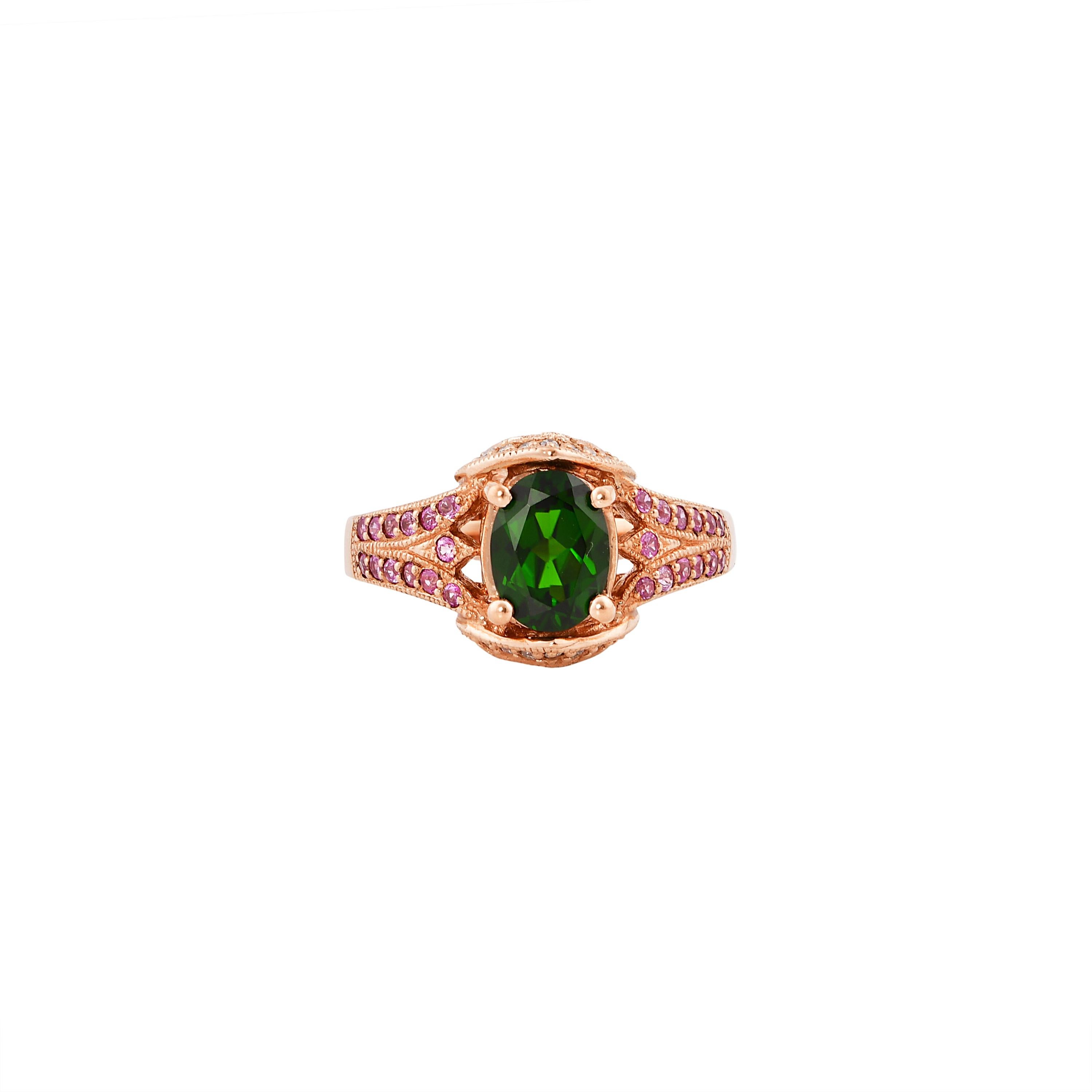 Contemporary 1.143 Carat Chrome Diopside Ring in 10 Karat Rose Gold For Sale