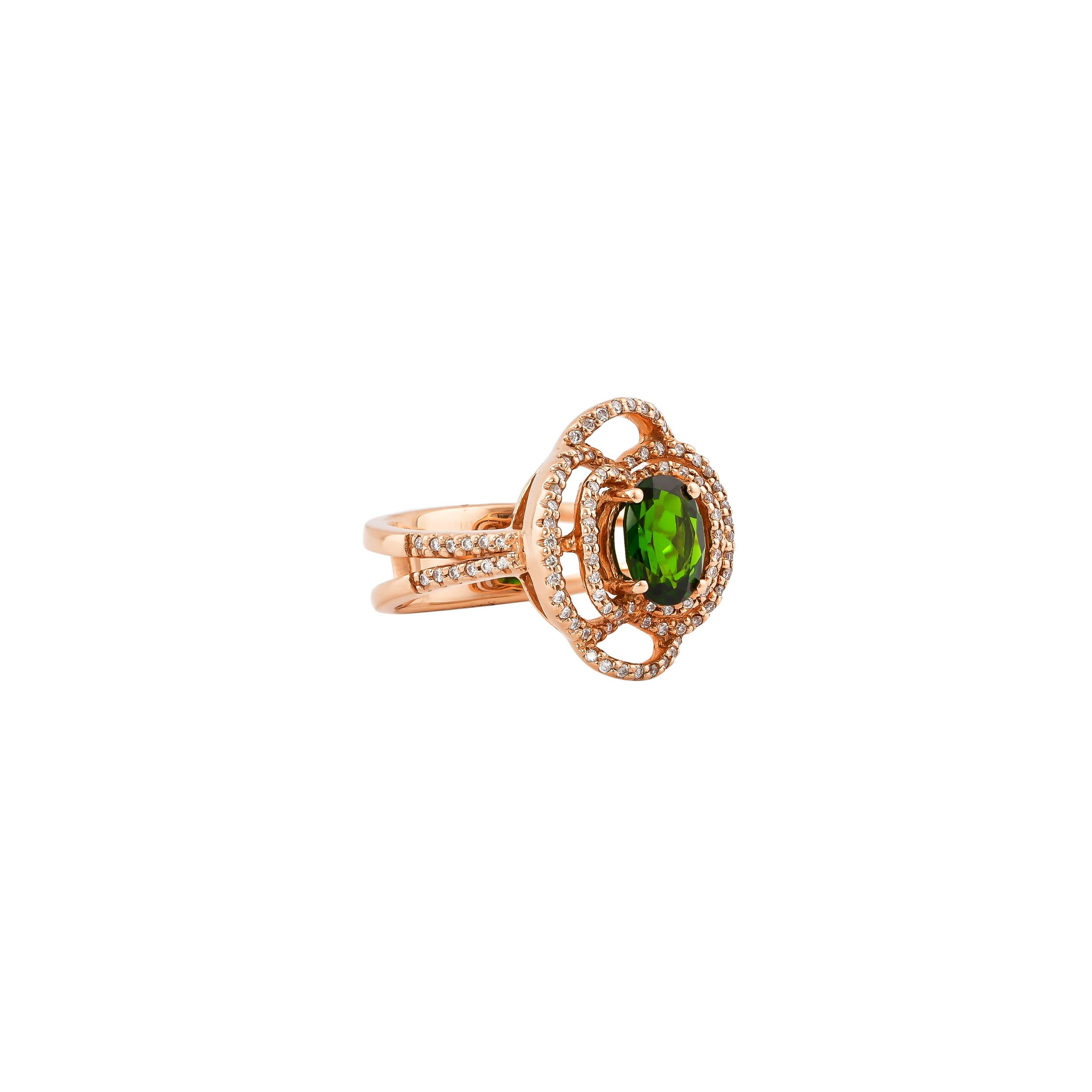 Unique and Designer Cocktail Rings by Sunita Nahata Fine Design.

Classic Chrome Diopside ring in 14K Rose gold with Diamond. 

Chrome Diopside: 1.143 carat, 6X8mm size, oval shape.
Diamond: 0.459 carat, 0.90mm size, round shape, G colour, VS