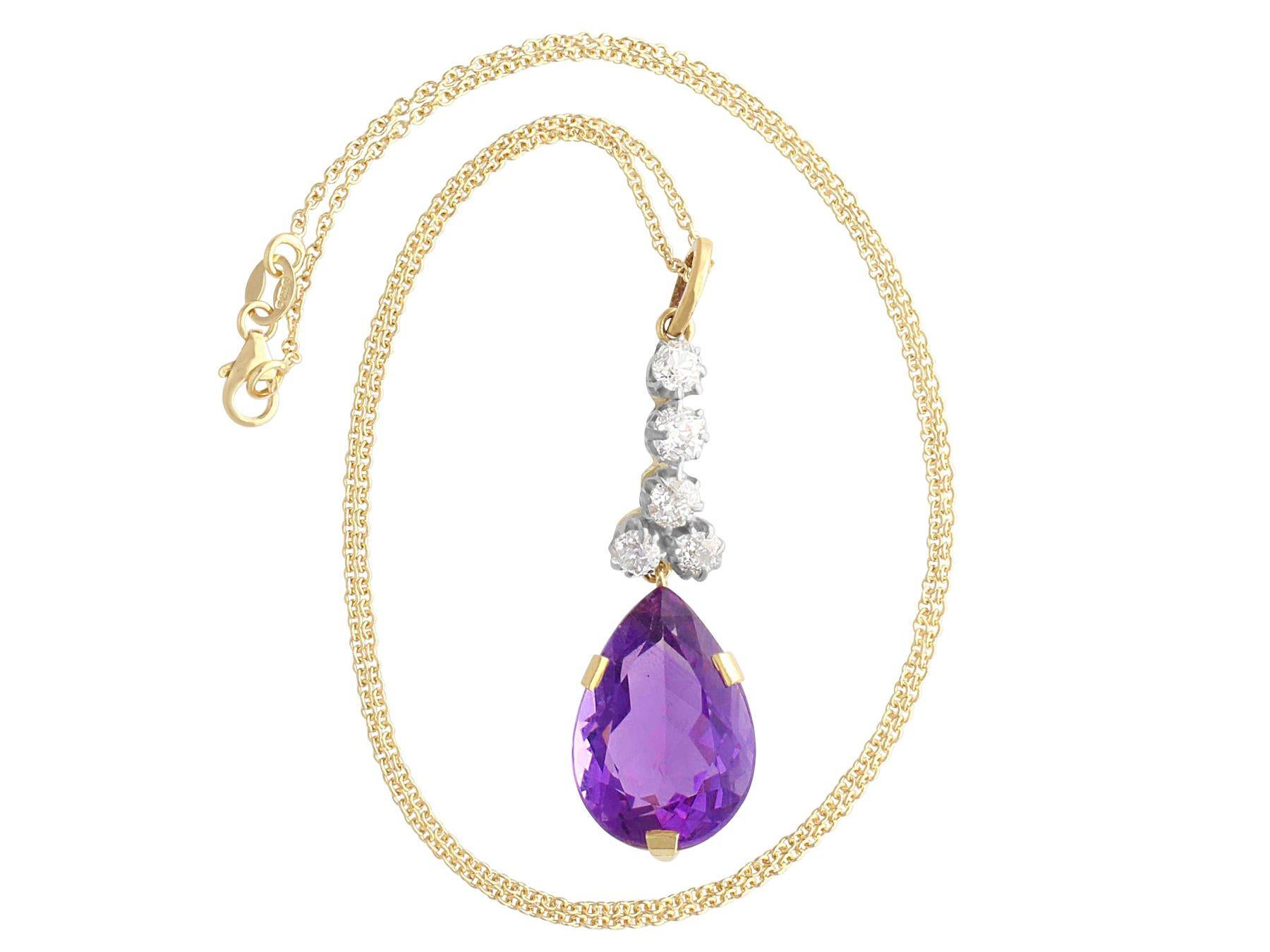 Pear Cut 11.43 Carat Amethyst and 1.45 Carat Diamond Yellow Gold Pendant For Sale