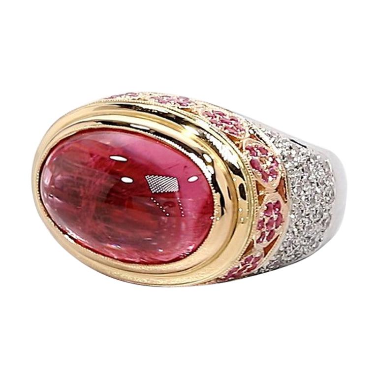 11.44 ct. Pink Tourmaline Cabochon, Spinel, Diamond, 18k 3-toned Gold Dome Ring