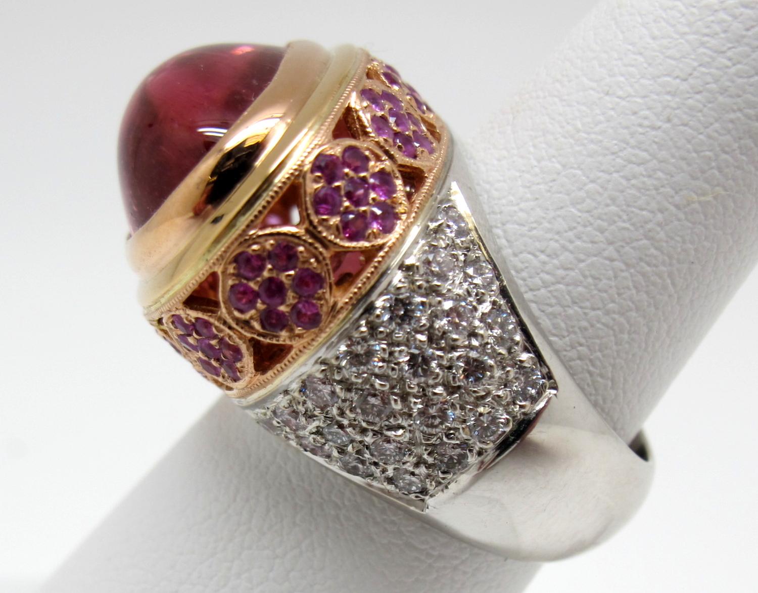 Artisan 11.44 ct. Pink Tourmaline Cabochon, Spinel, Diamond, 18k 3-toned Gold Dome Ring