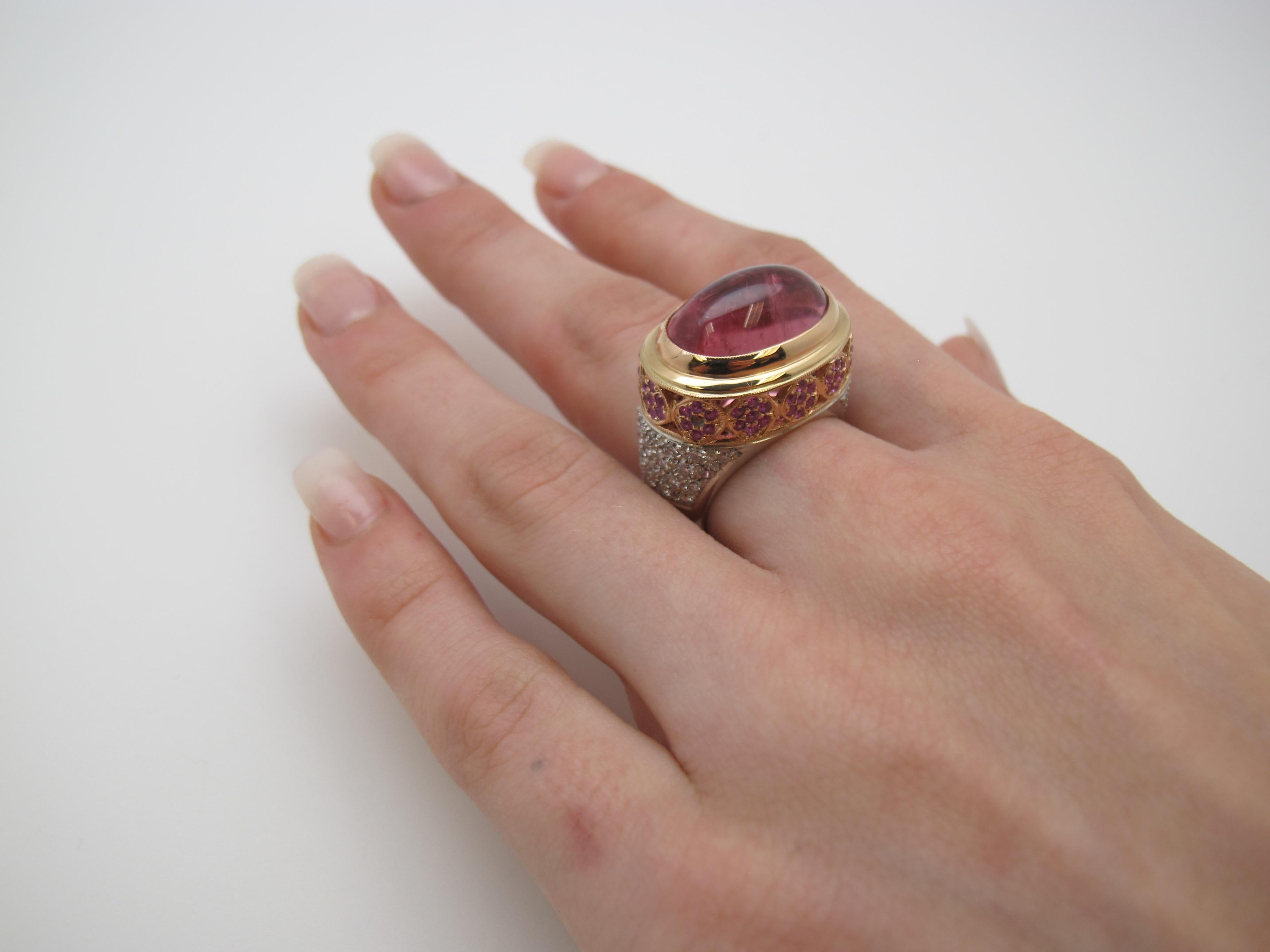 11.44 ct. Pink Tourmaline Cabochon, Spinel, Diamond, 18k 3-toned Gold Dome Ring 2