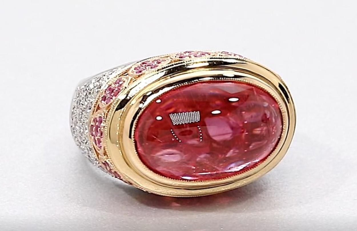 Women's 11.44 ct. Pink Tourmaline Cabochon, Spinel, Diamond, 18k 3-toned Gold Dome Ring