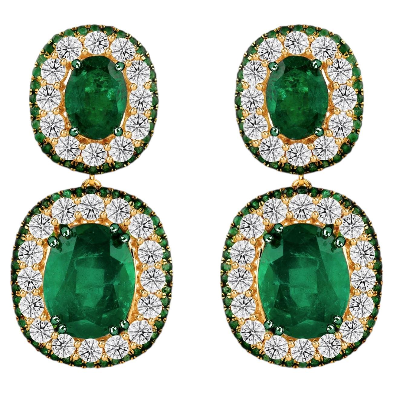 11.44 Carat Zambian Emerald 3.66 Carat SI/H Diamond Earrings 18k Yellow Gold