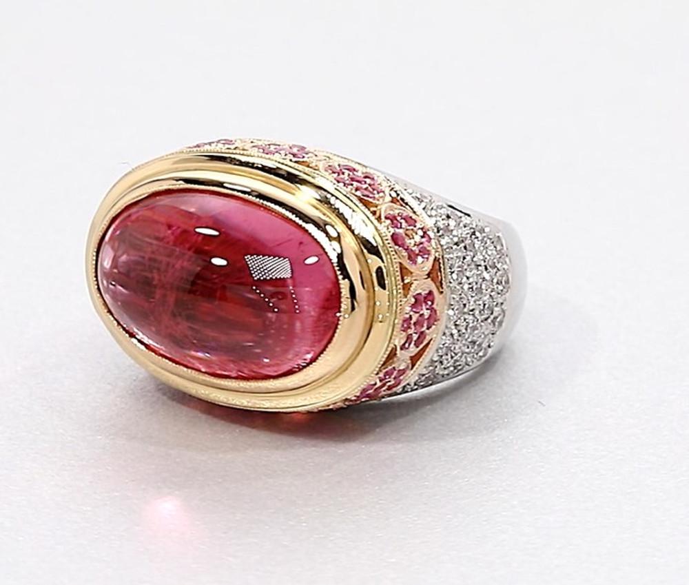11.44 ct. Pink Tourmaline Cabochon, Spinel, Diamond, 18k 3-toned Gold Dome Ring In New Condition In Los Angeles, CA