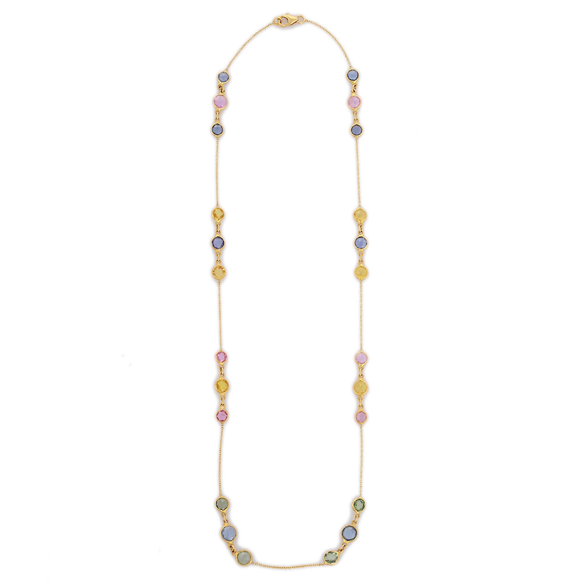 Round Cut 11.45 ct Multi Sapphire Chain Necklace Enhancer Necklace in 18K Yellow Gold For Sale